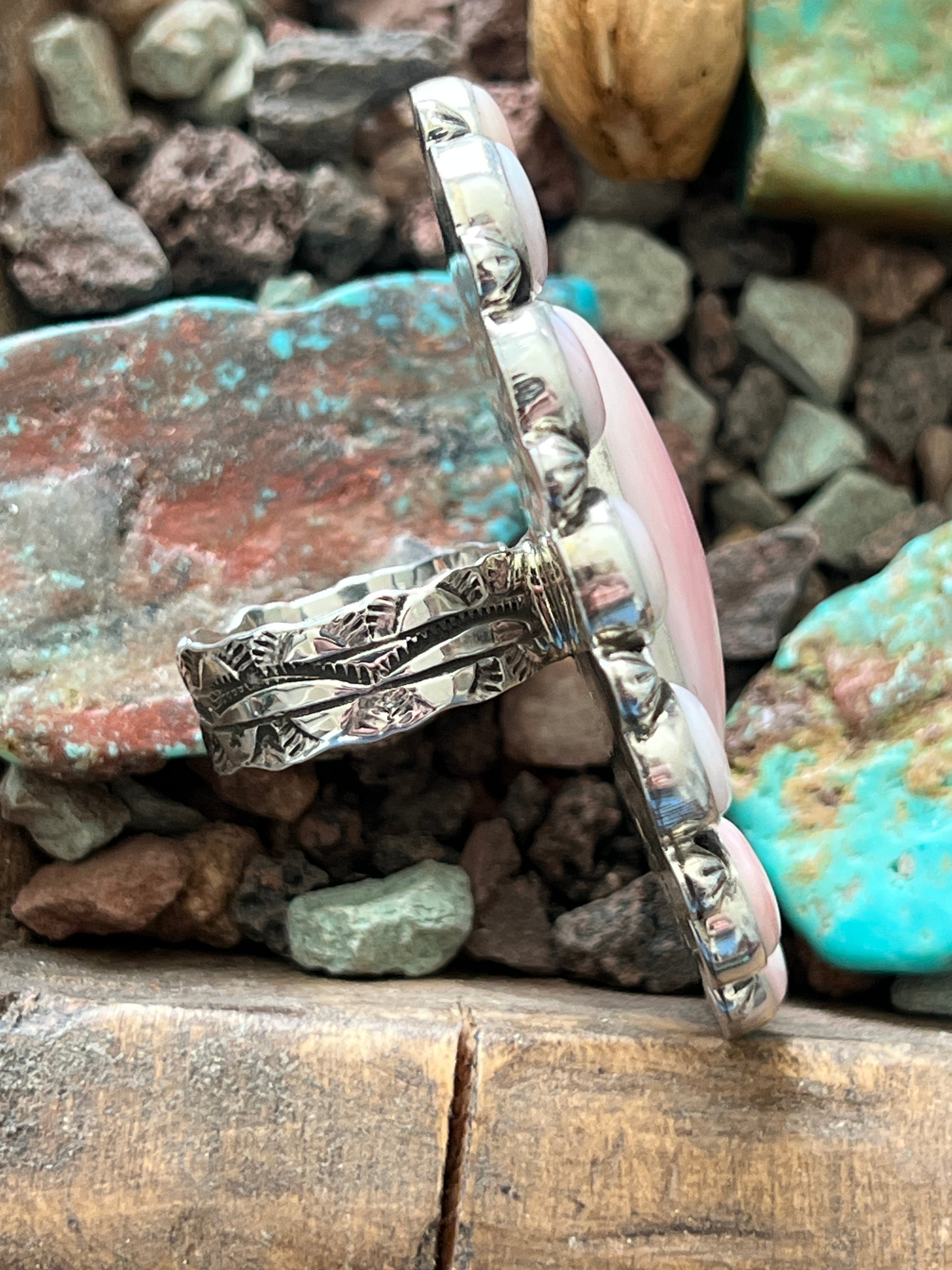 Handcrafted Sterling Silver and Oval Queen Pink Conch Shell Cluster Ring by Aaron Tallis, Adjustable