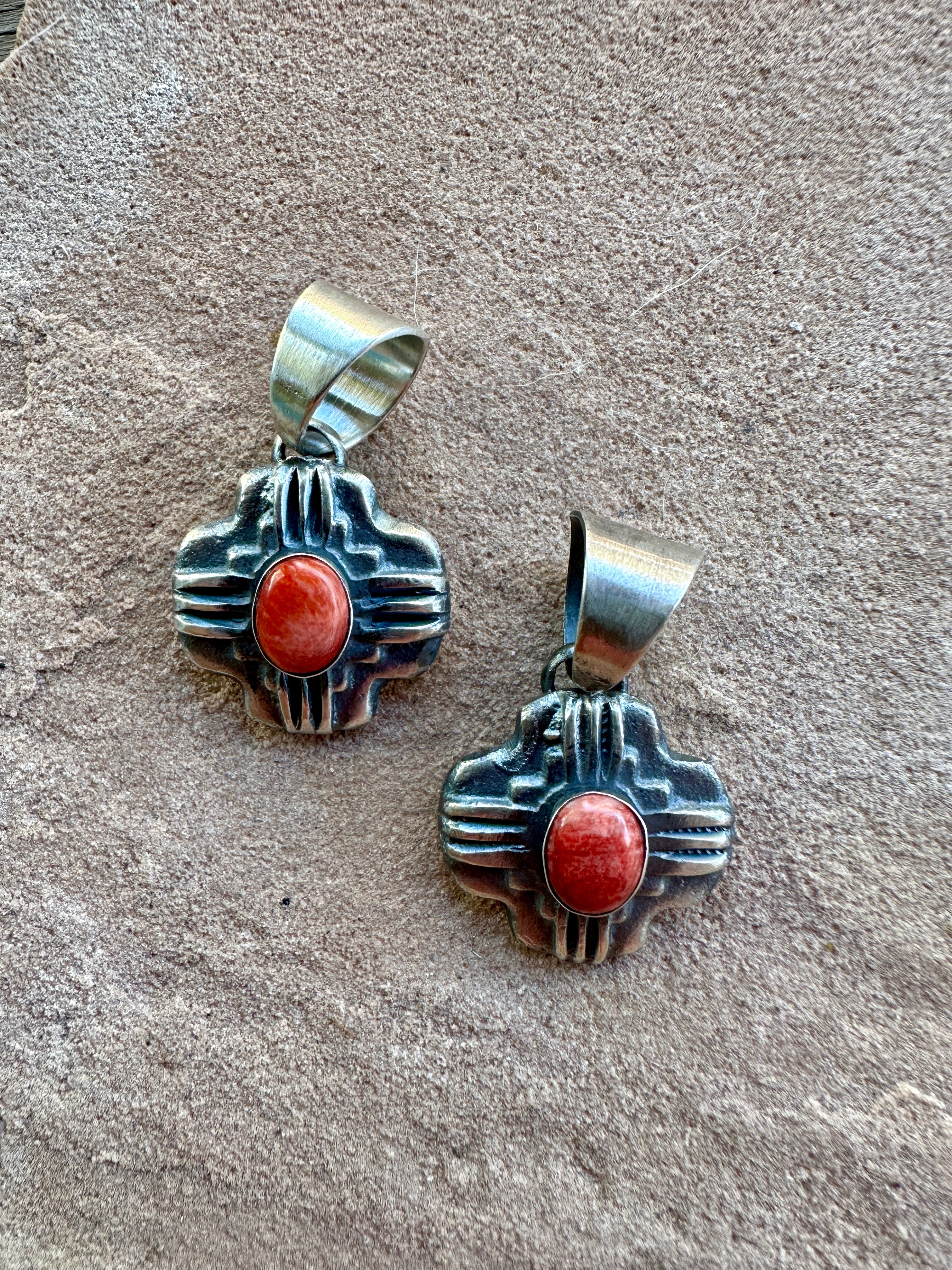 Navajo Sterling Silver Orange Spiny Zia Pendant By Chimney Butte