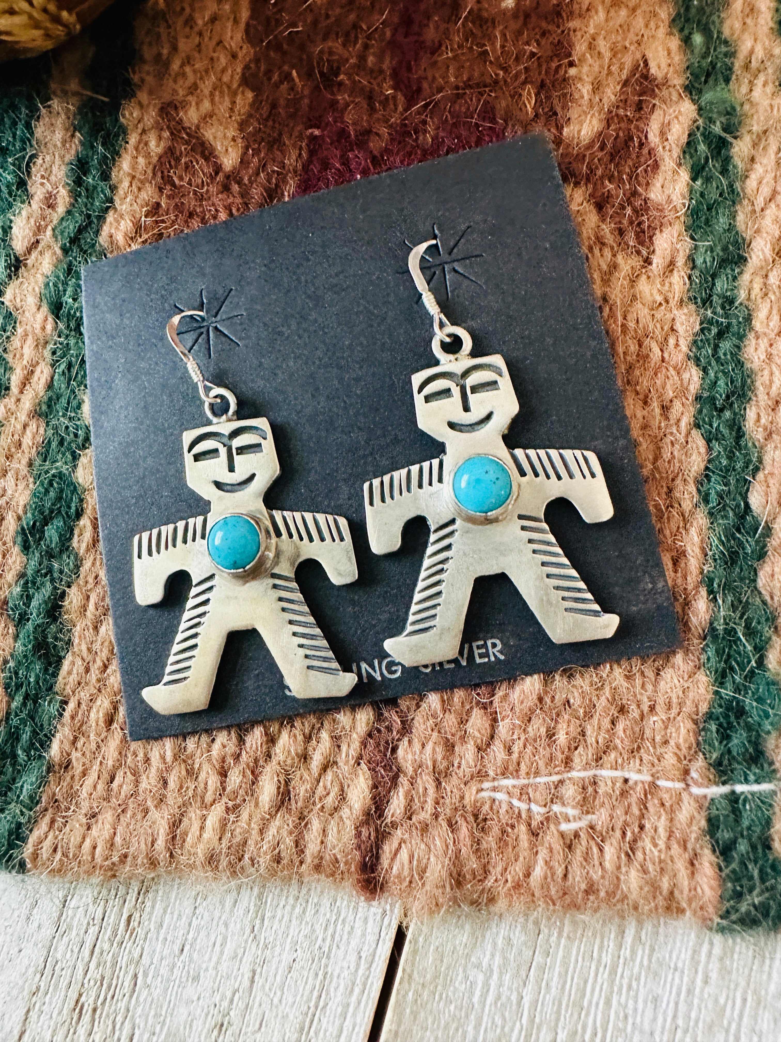 Handcrafted Turquoise and Sterling Silver Dancing Figure Dangle Earrings