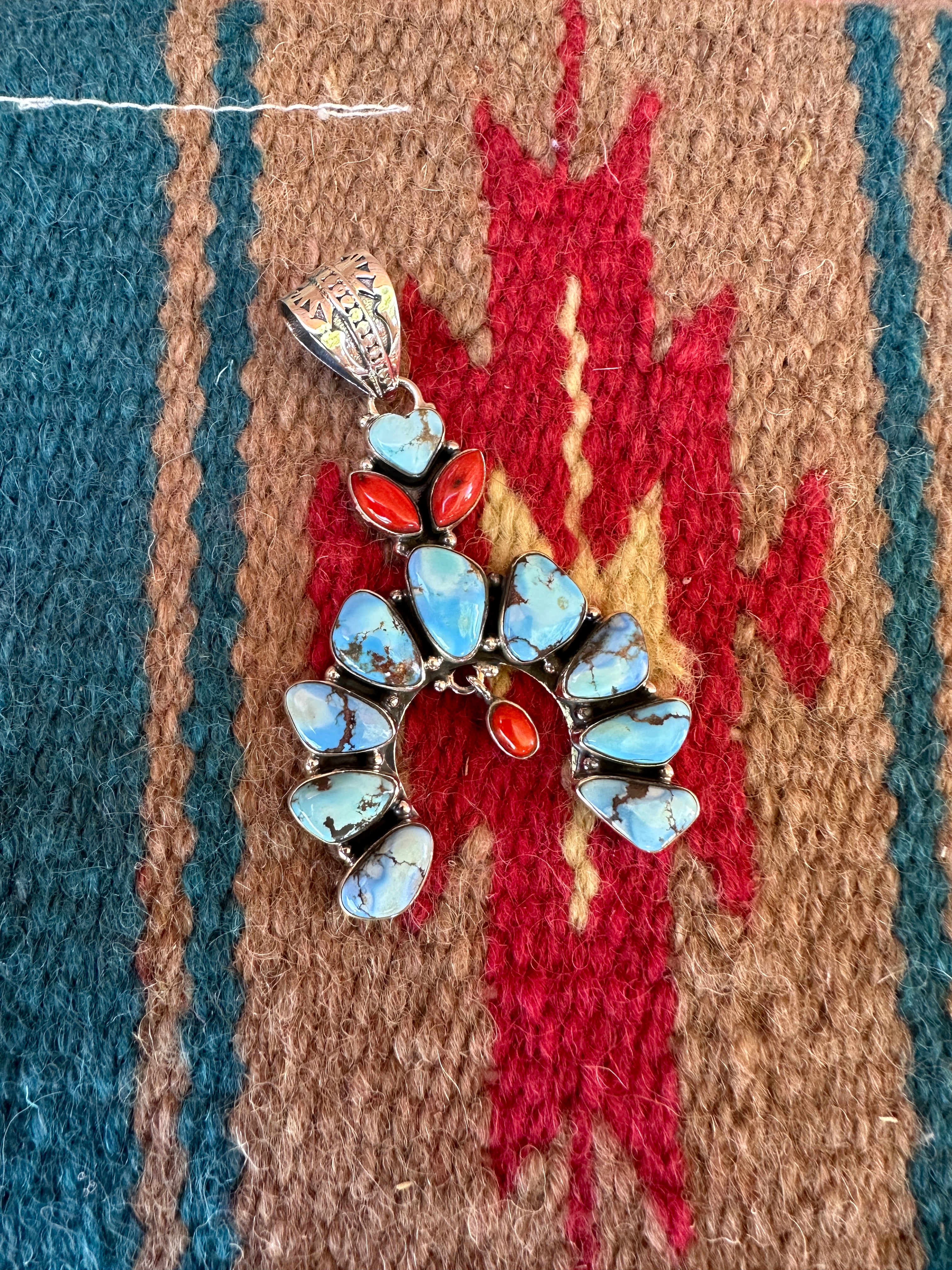 Beautiful Handmade Sterling Silver, Coral & Golden Hills Turquoise Naja Pendant