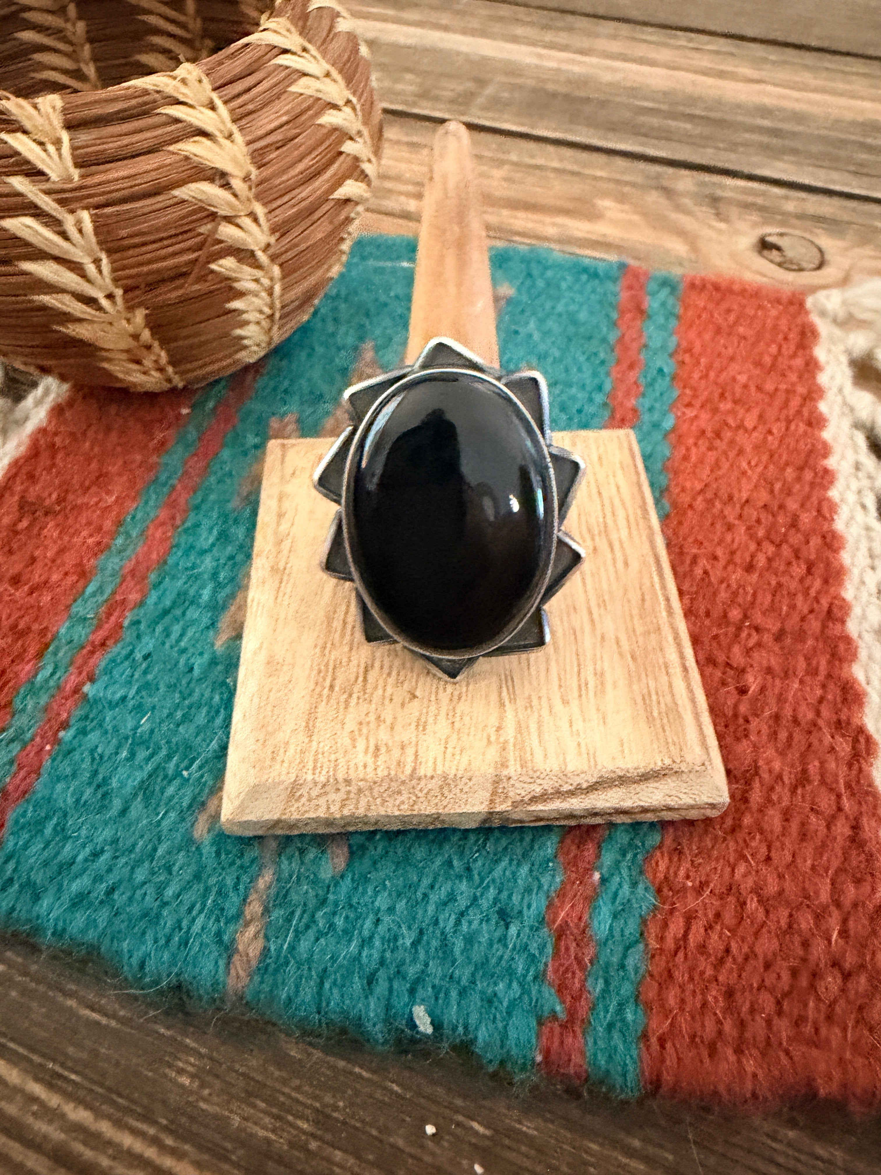 Handcrafted Black Onyx & Sterling Silver Ring Size 9