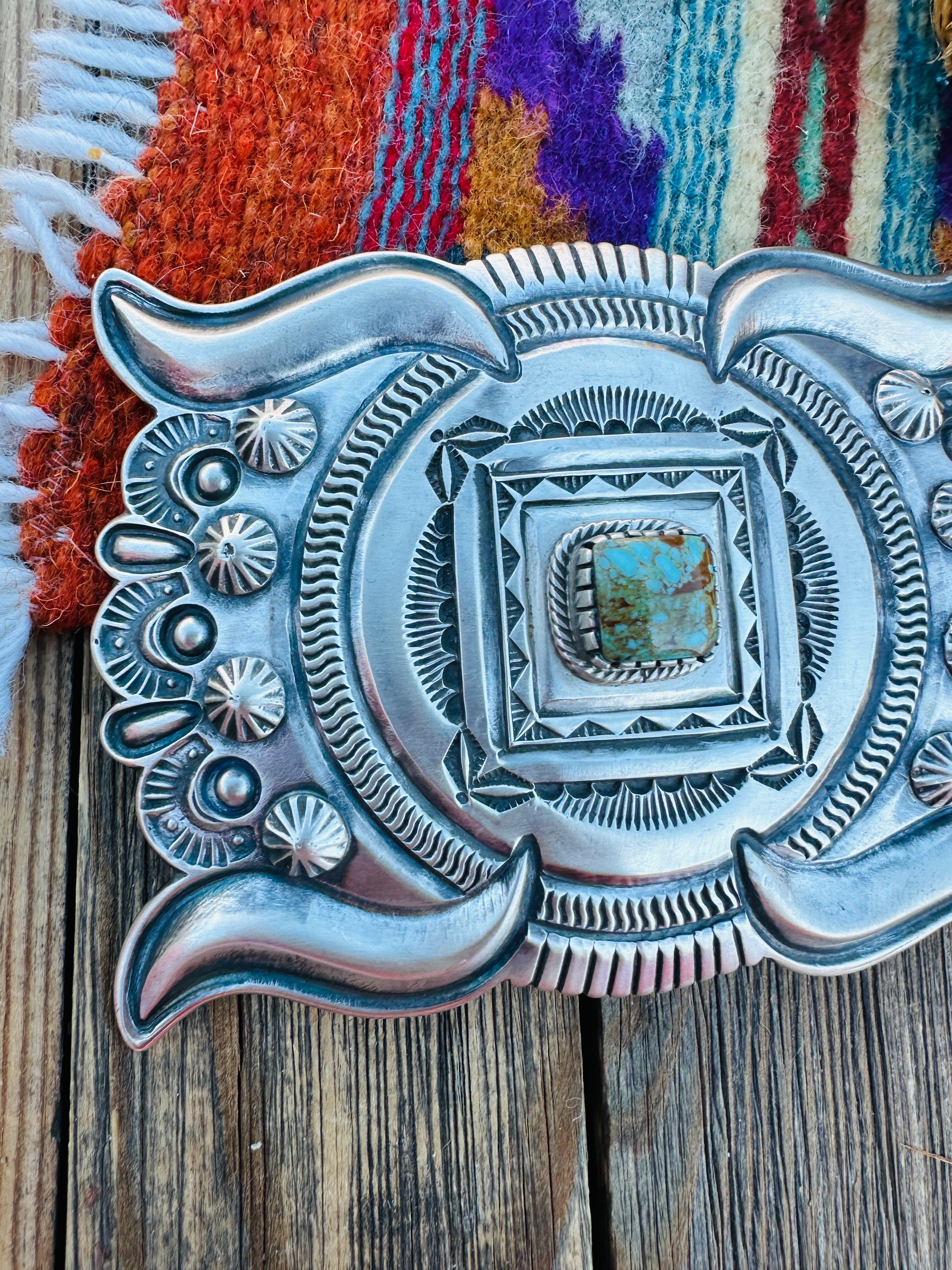 Handcrafted Number 8 Turquoise & Sterling Silver Belt Buckle by Roland Dixson