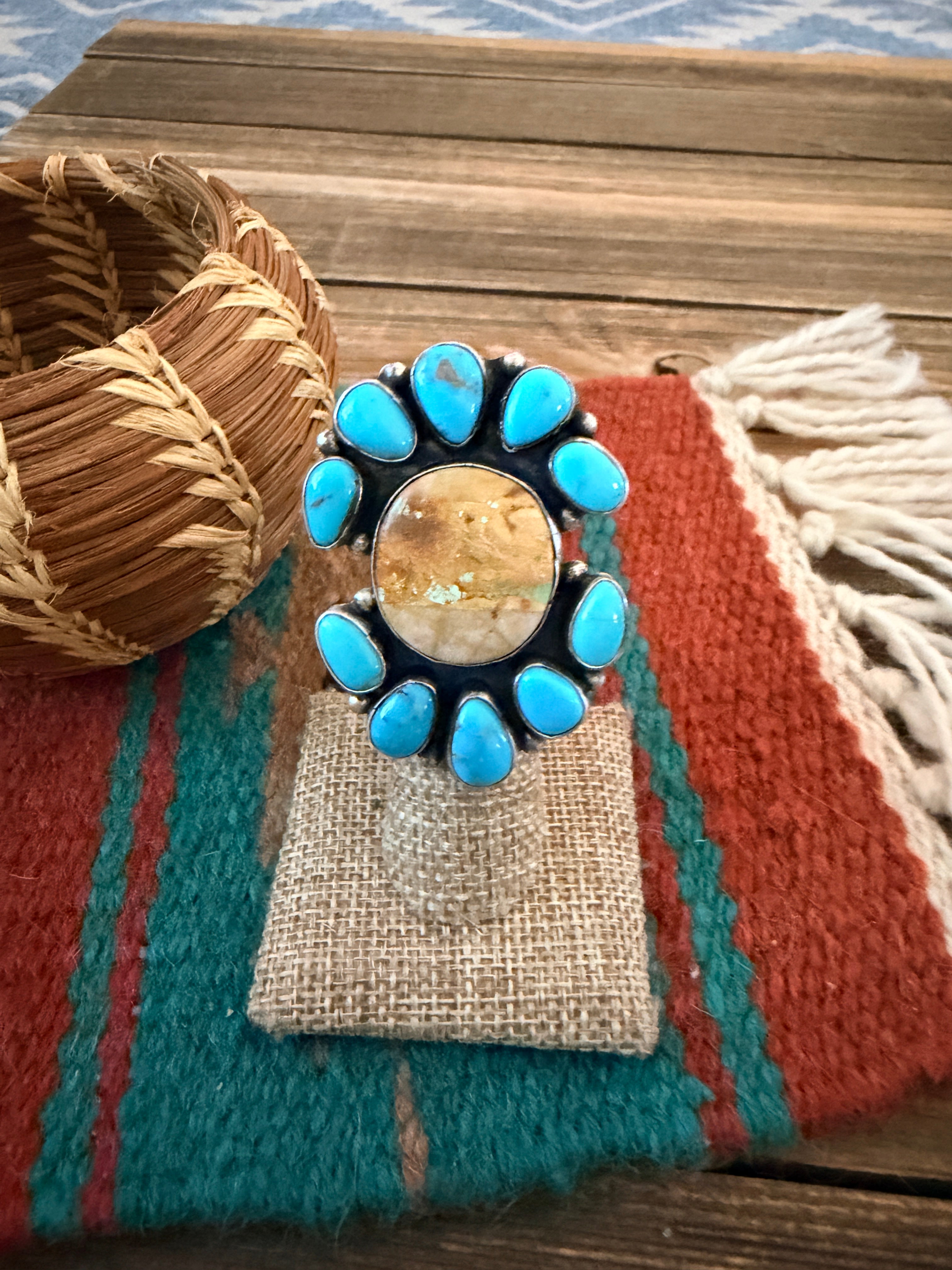 Handcrafted Multi Turquoise & Sterling Silver Ring Size 4.25 by Ella Peter