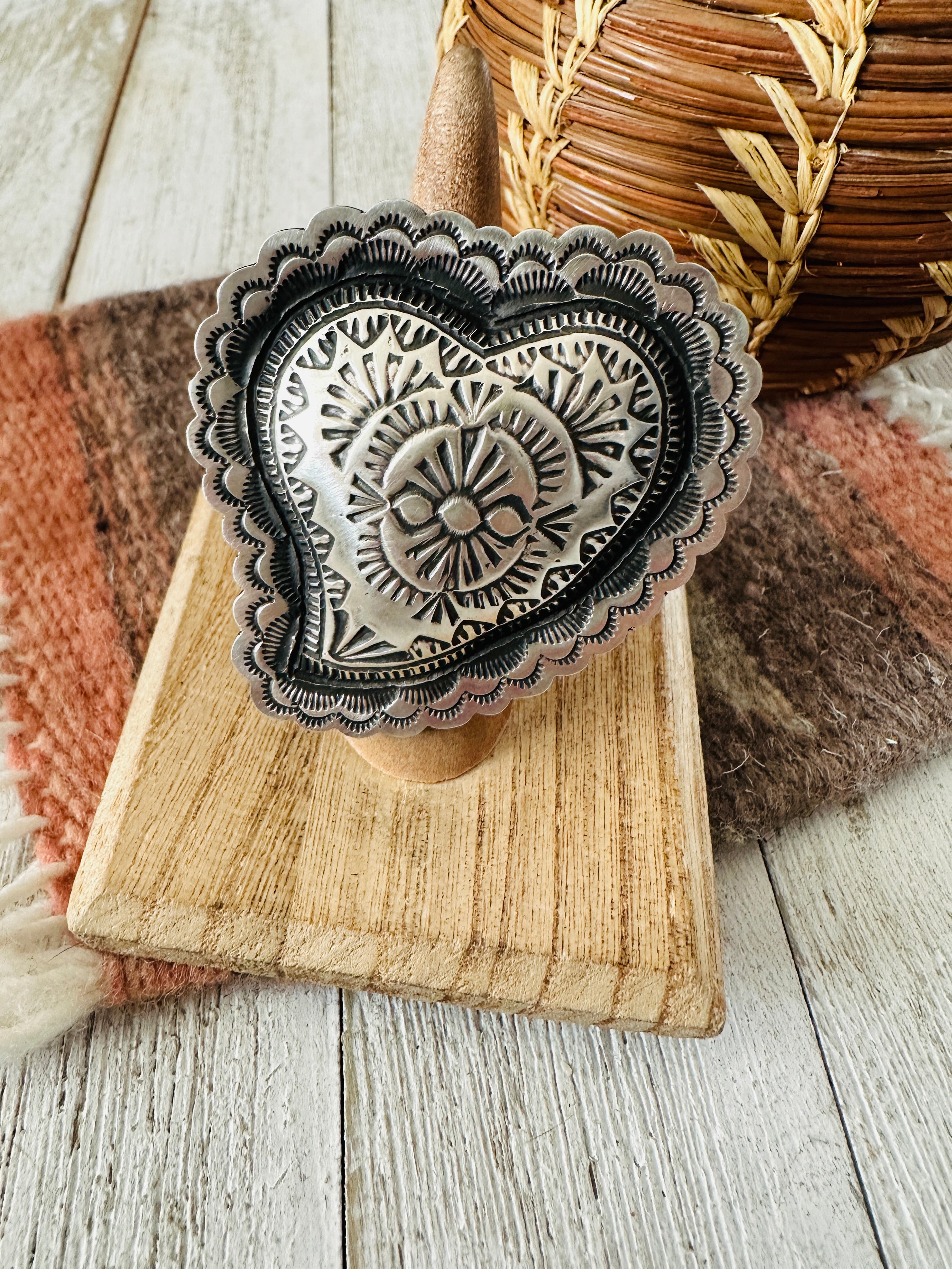 Navajo Hand Stamped Sterling Silver Adjustable Heart Ring by Leander Tahe