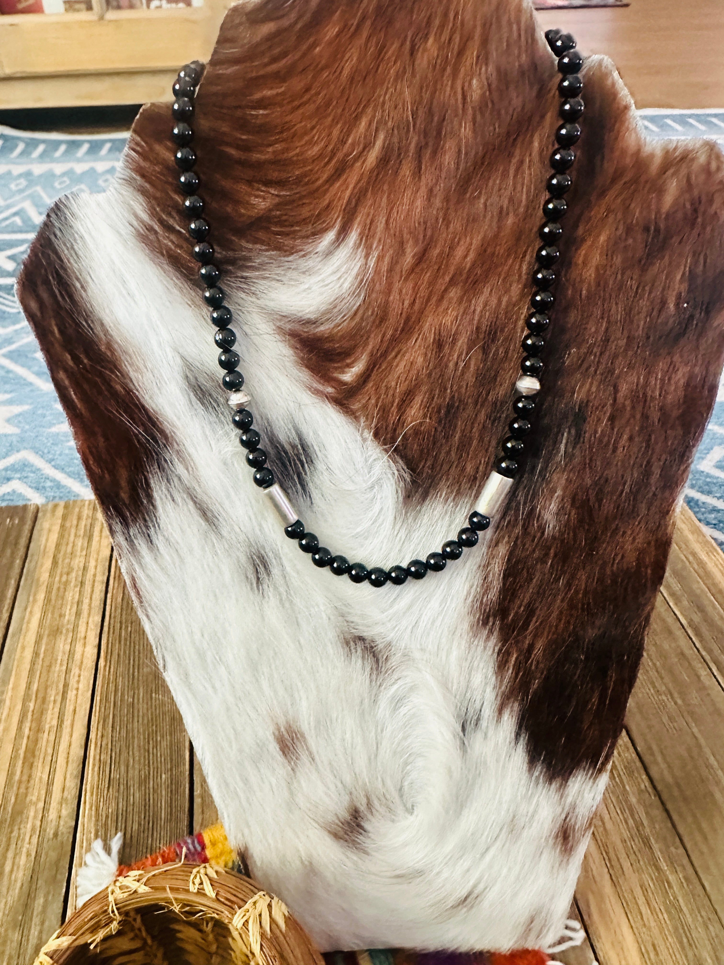 Handcrafted Black Onyx & Sterling Silver Beaded 18” Necklace by T & R Singer