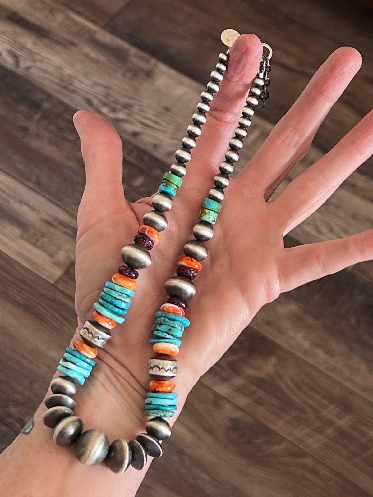 Rose Martin Sterling Silver, Spiny Oyster & Turquoise Single Strand Beaded Necklace, 18” + 1-1/2”