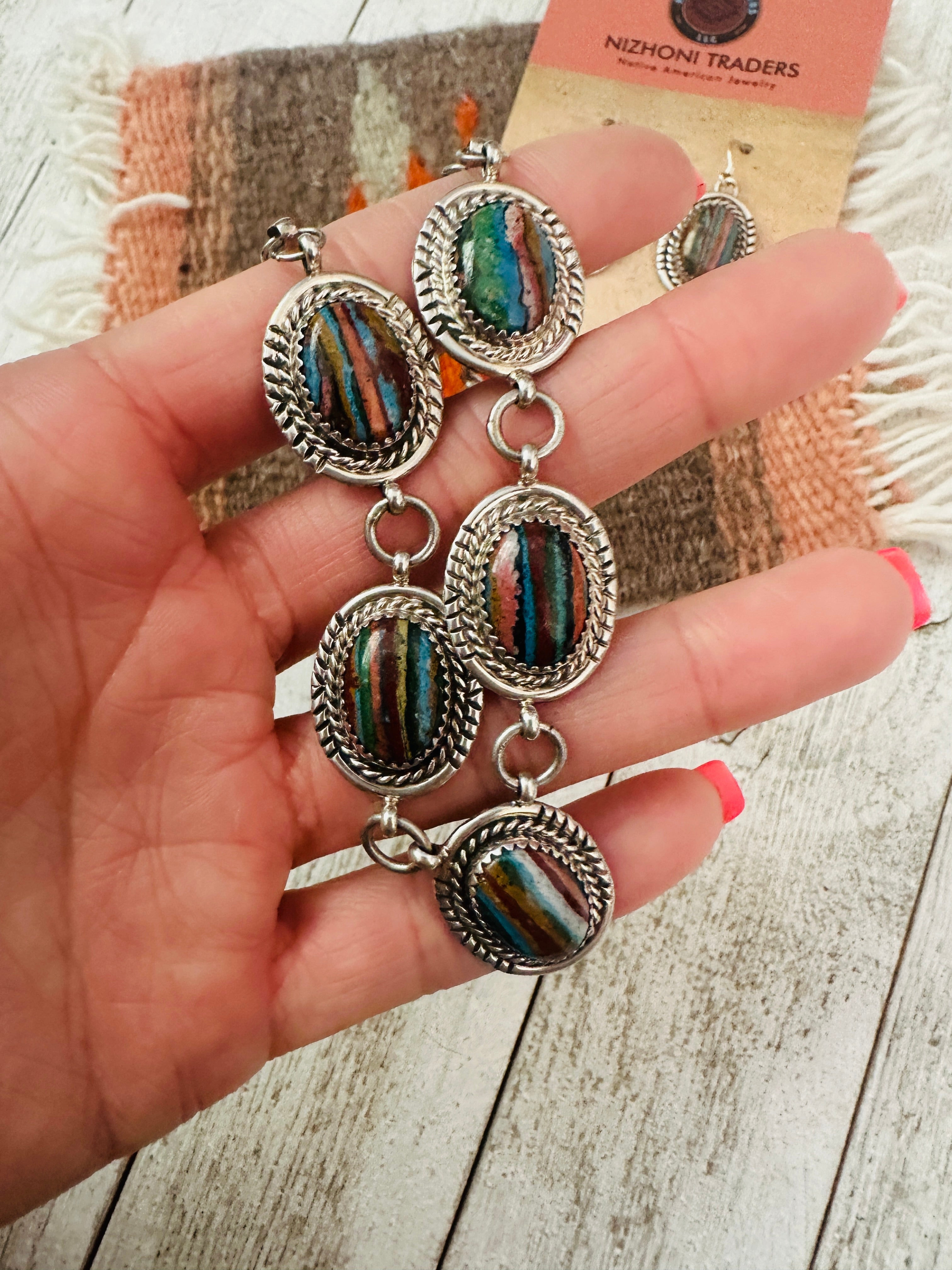 Navajo Rainbow Calsilica & Sterling Silver Necklace Set