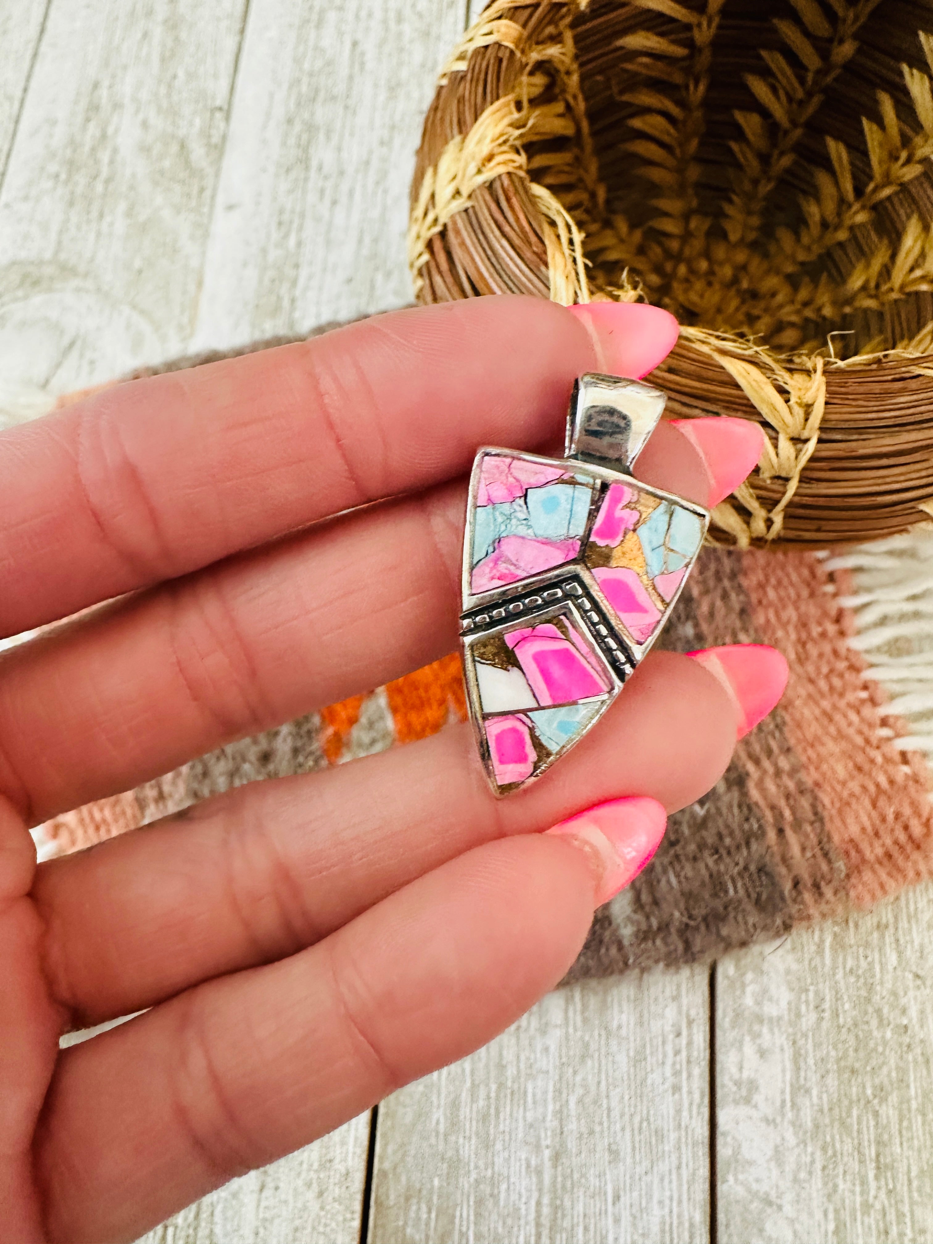 Handcrafted Cotton Candy & Sterling Silver Inlay Pendant