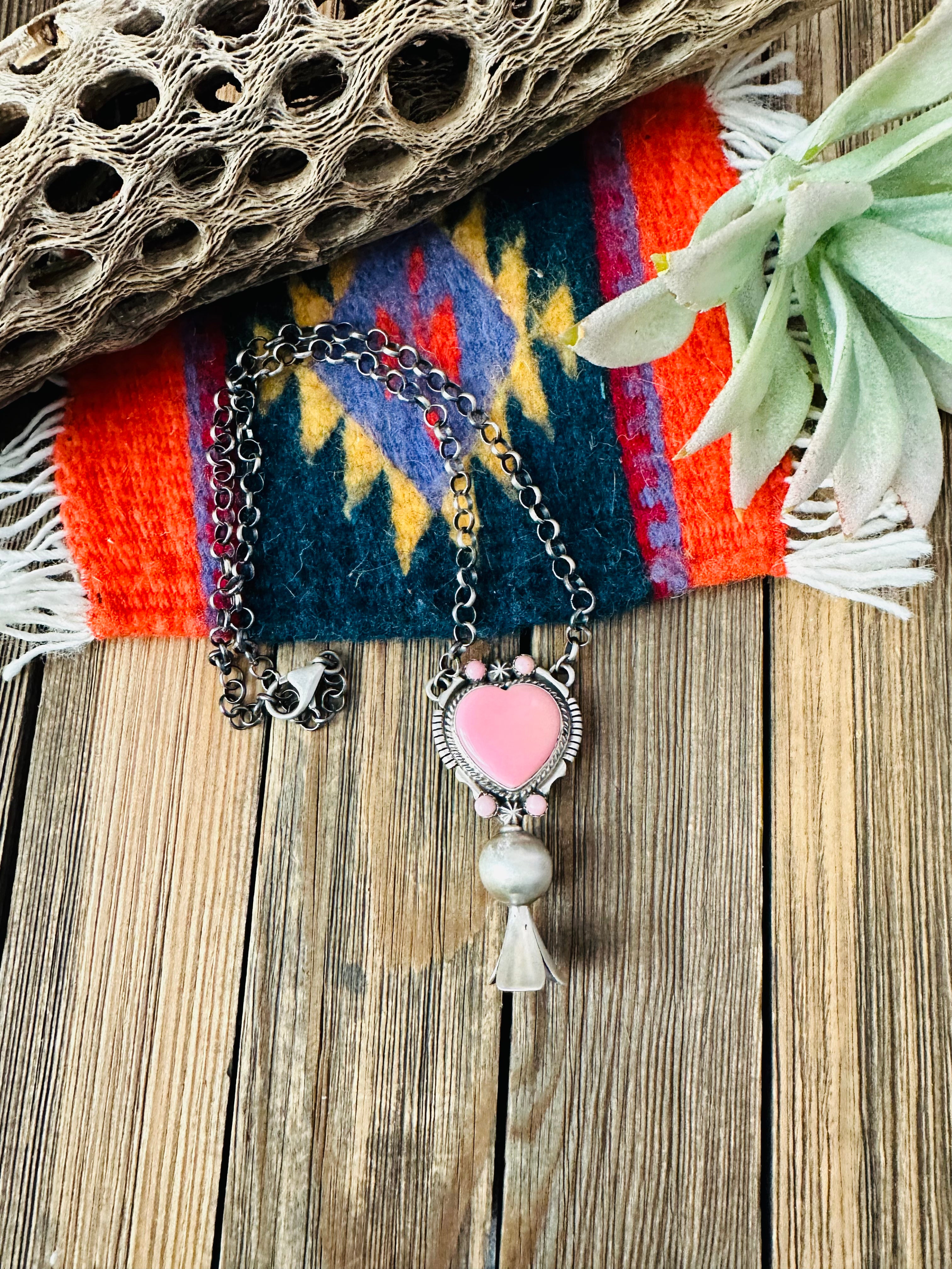 Navajo Sterling Silver & Queen Pink Conch Heart Blossom Necklace by Thomas Francisco