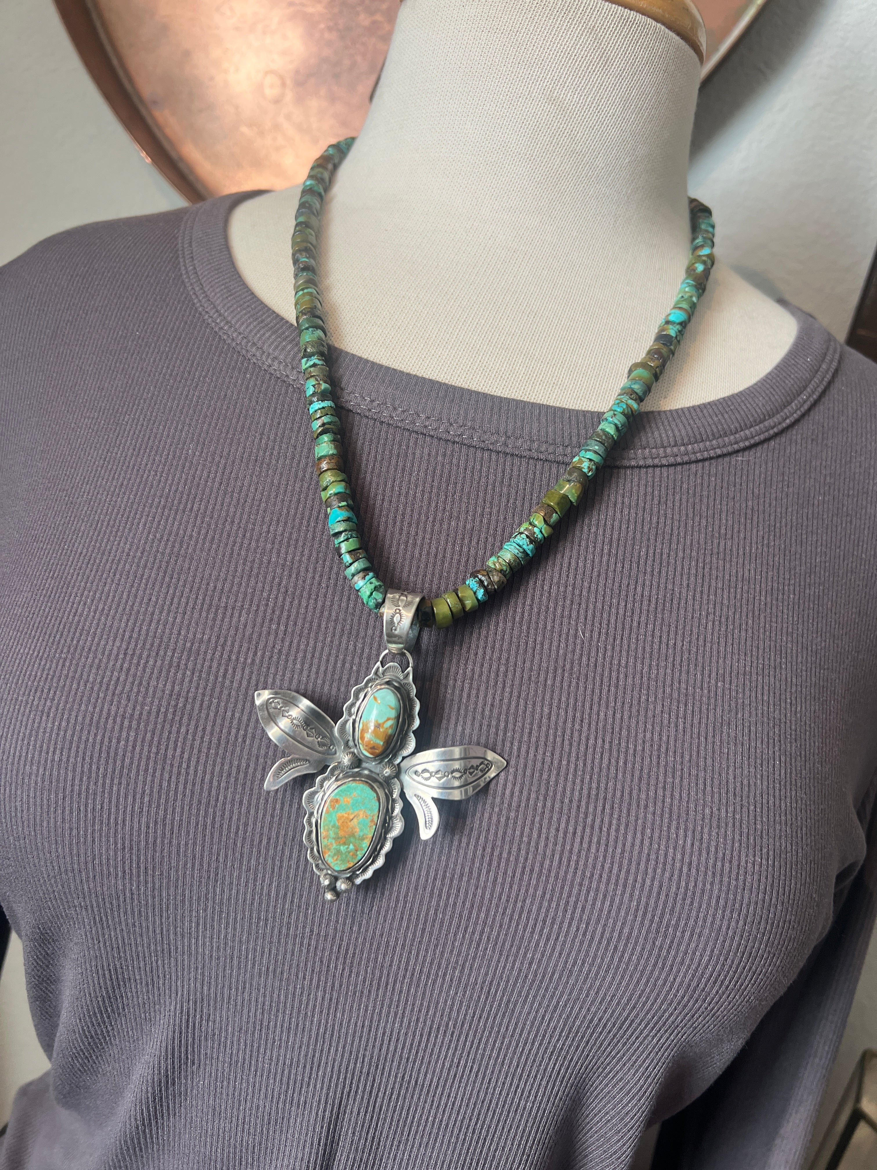 Hand Stamped Sterling Silver and Turquoise Winged Bug Pendant by Kimari Somers