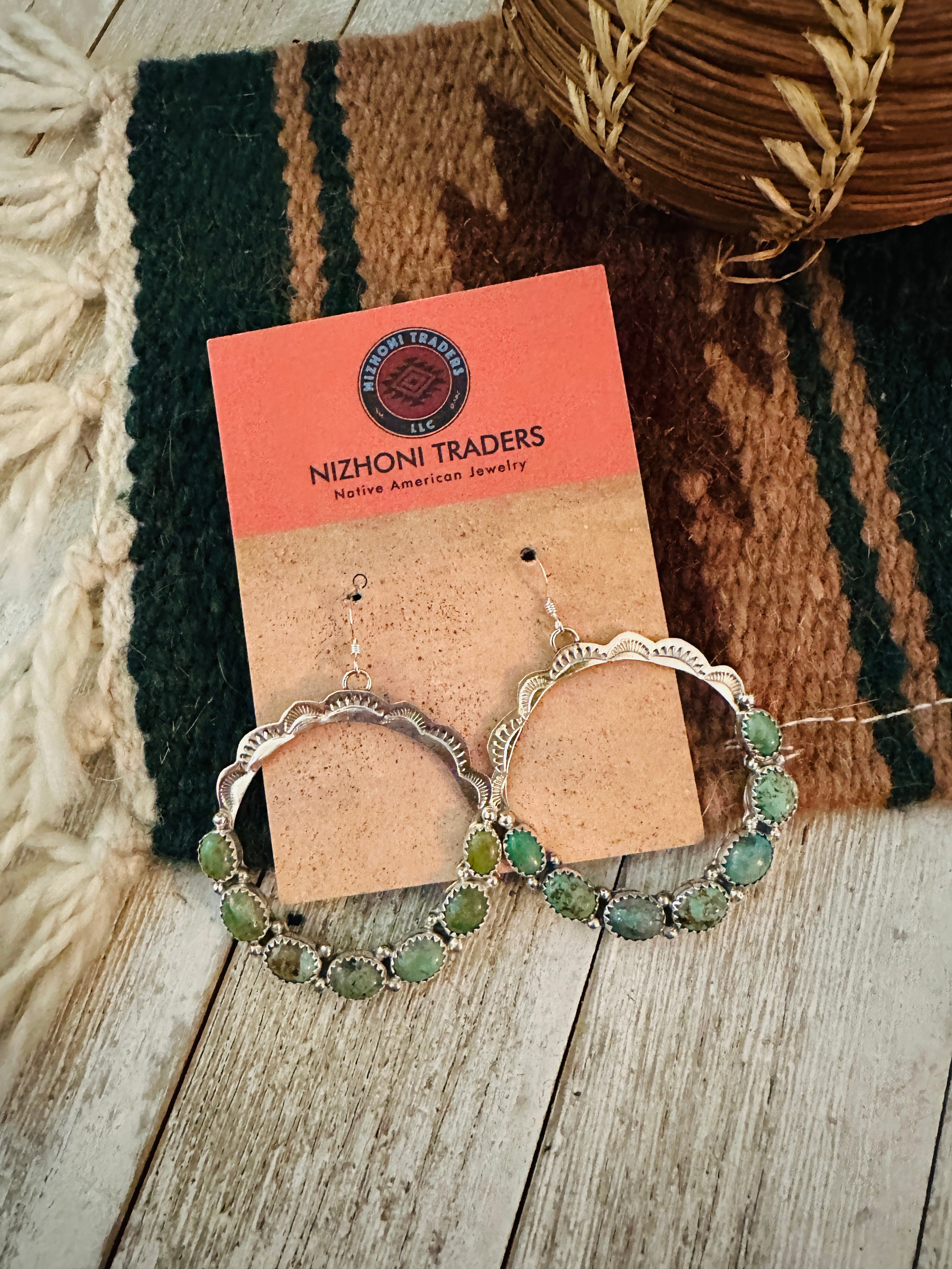 Handcrafted Turquoise & Sterling Silver Dangle Hoop Earrings