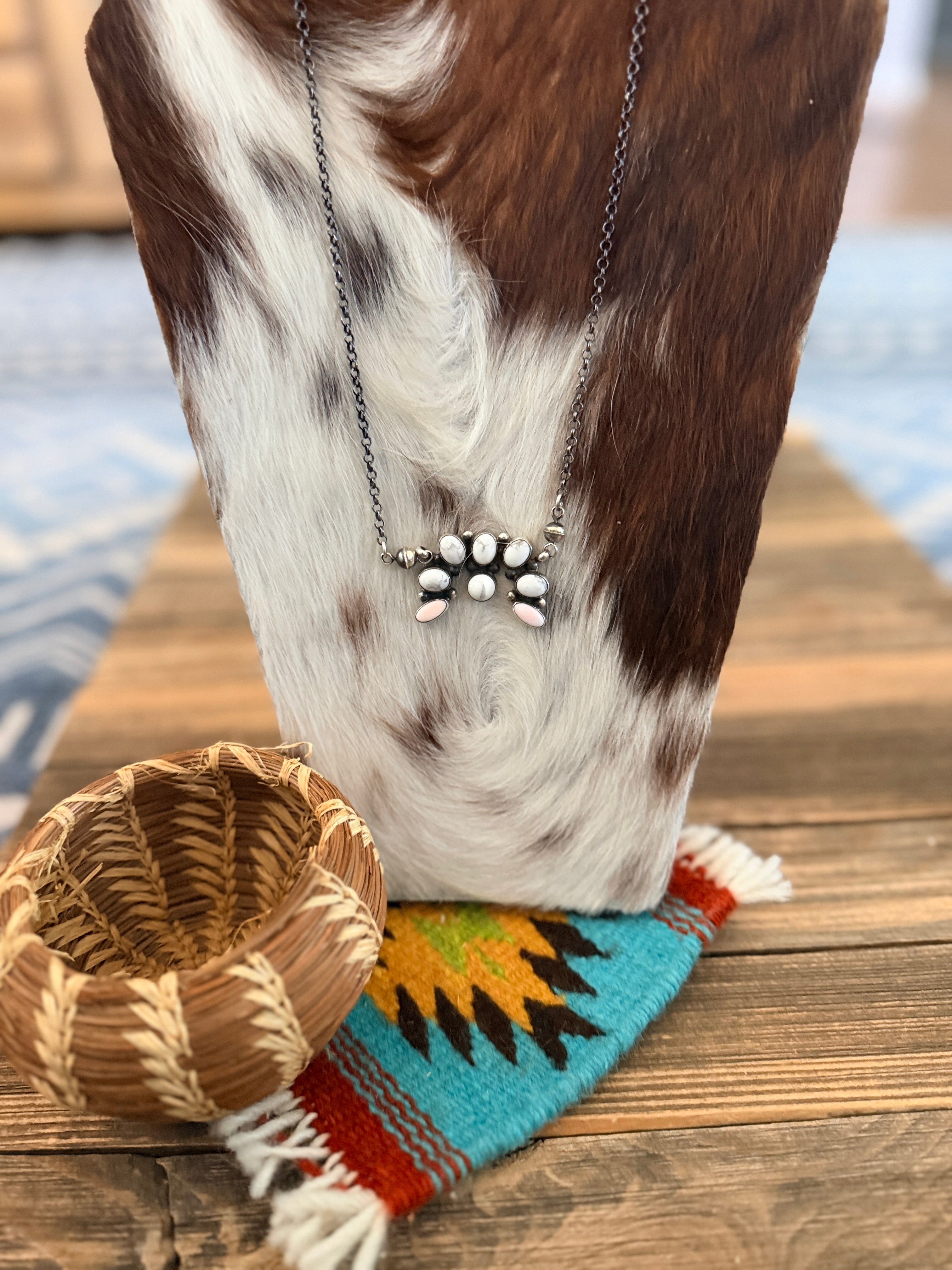 Handcrafted Queen Pink Conch, White Buffalo & Sterling Silver Naja Necklace by Jacqueline Silver