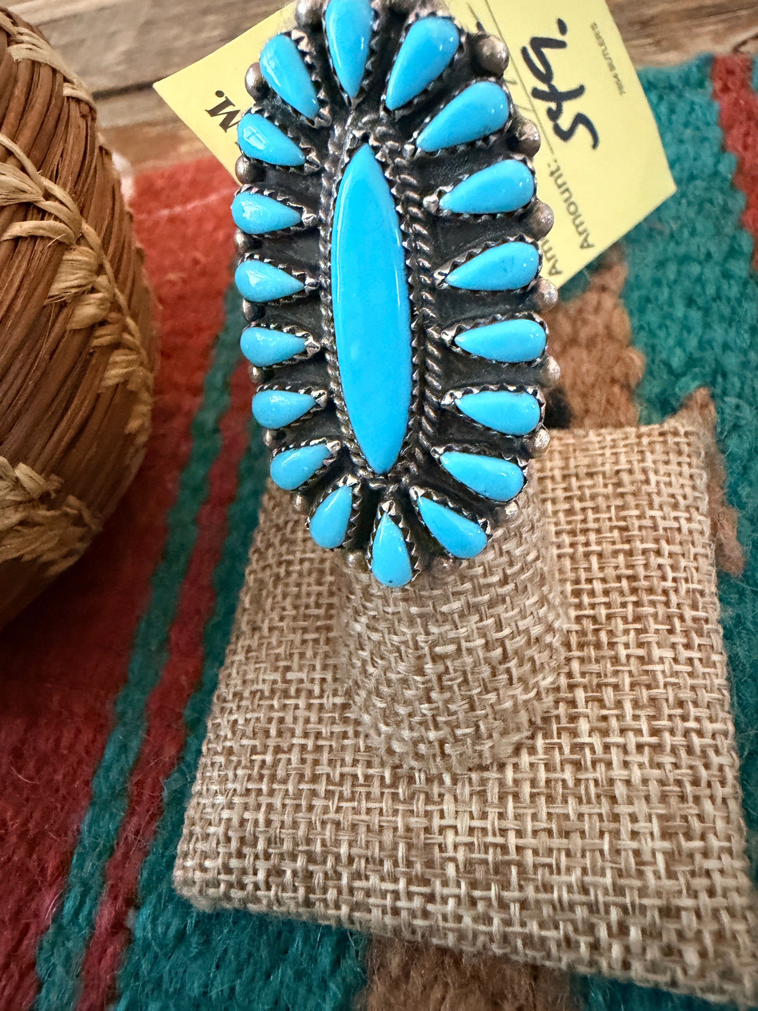 Old Pawn Handcrafted Turquoise & Sterling Silver Cluster Ring Size 7