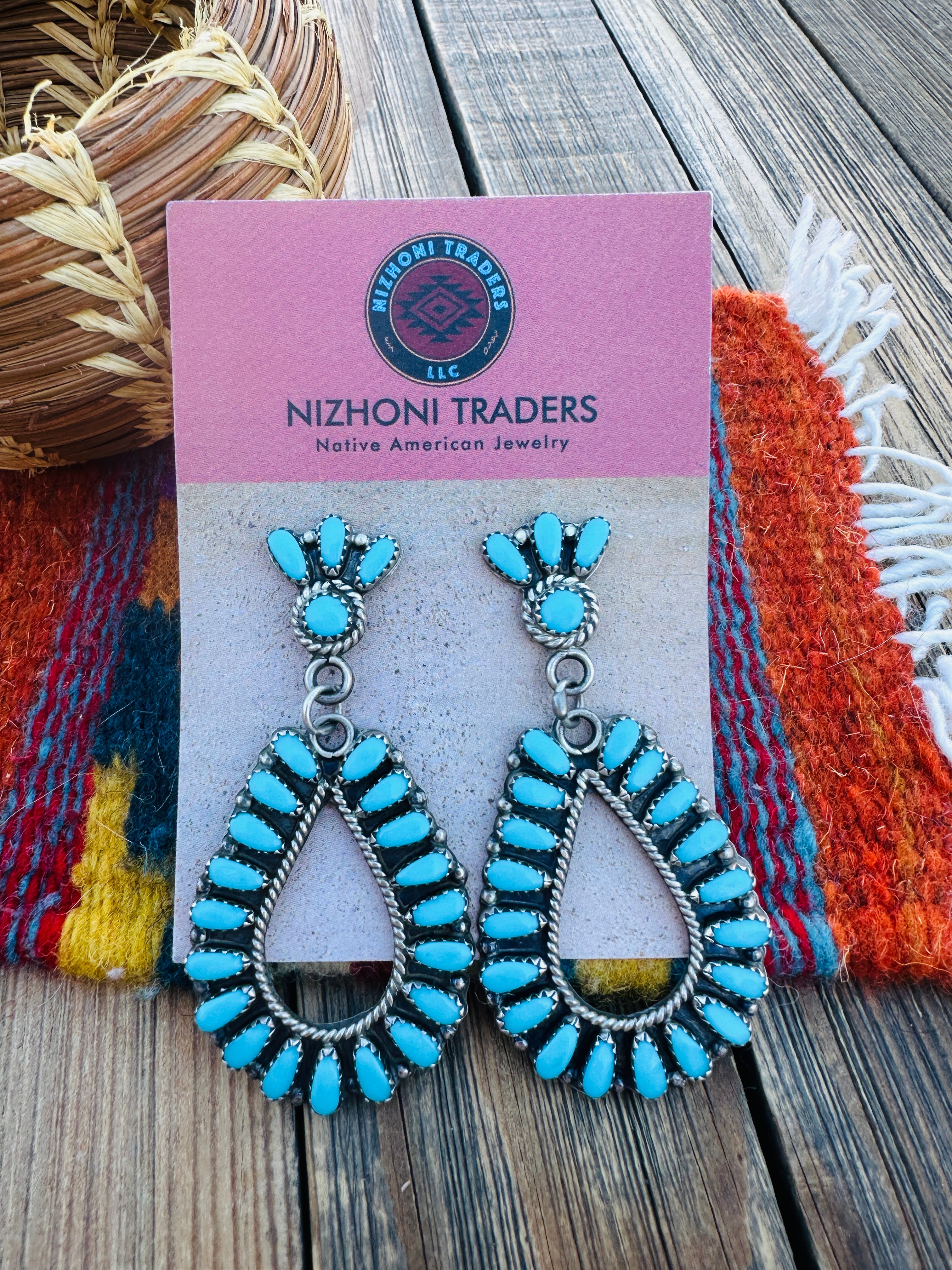 Handcrafted Old Pawn Sterling Silver & Turquoise Cluster Dangle Earrings