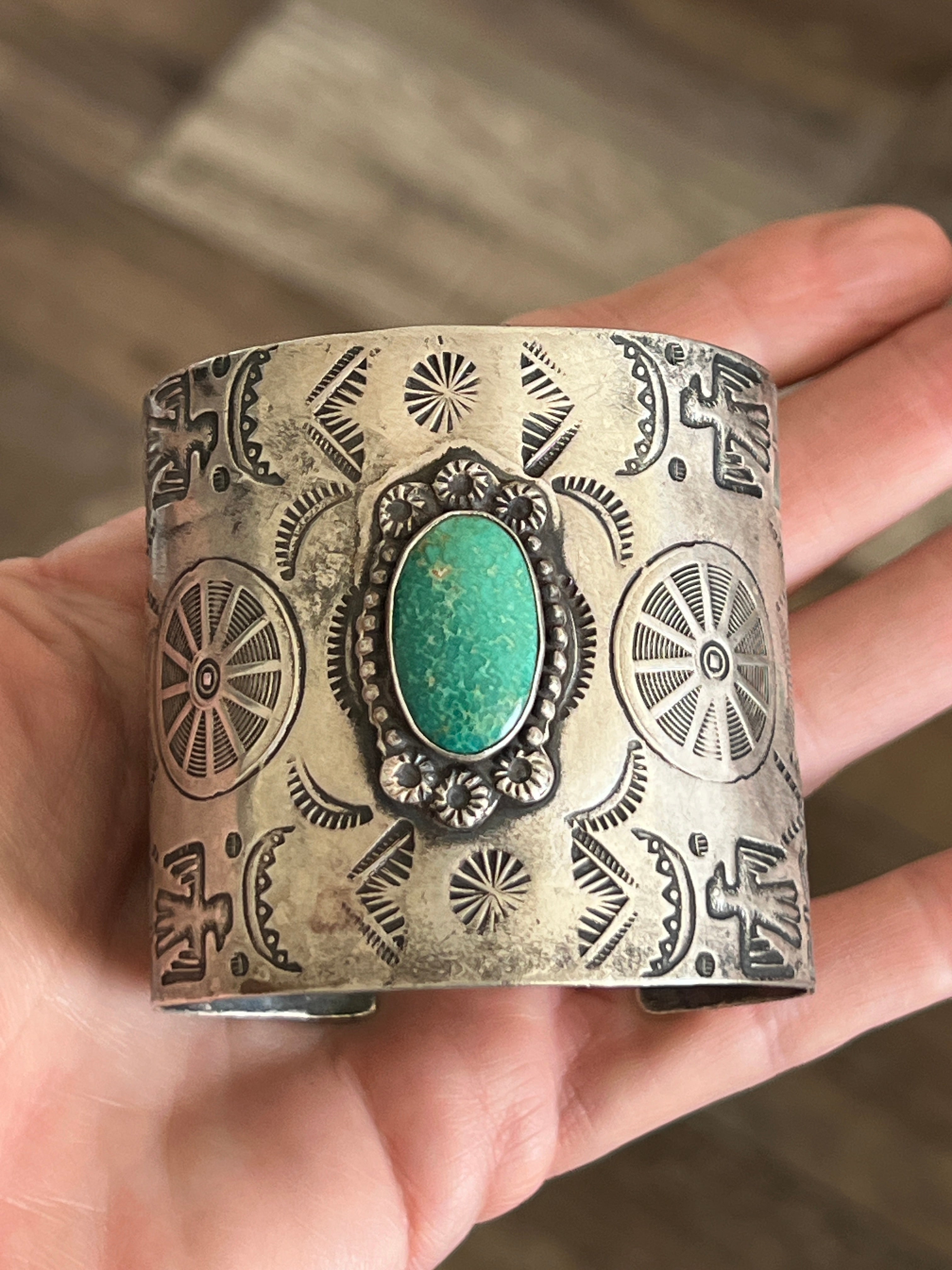 Handcrafted Vintage Fred Harvey Era Symbolic Collage TurquoiseSterling Silver Cuff Bracelet