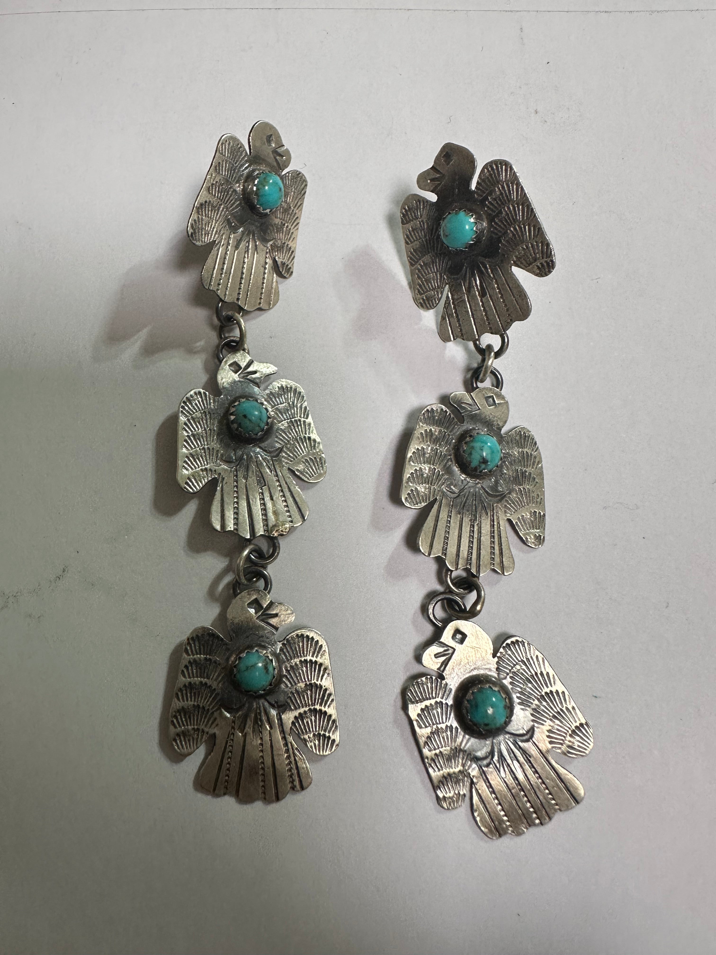 Navajo Sterling Silver & Turquoise Thunderbird Dangle Earrings