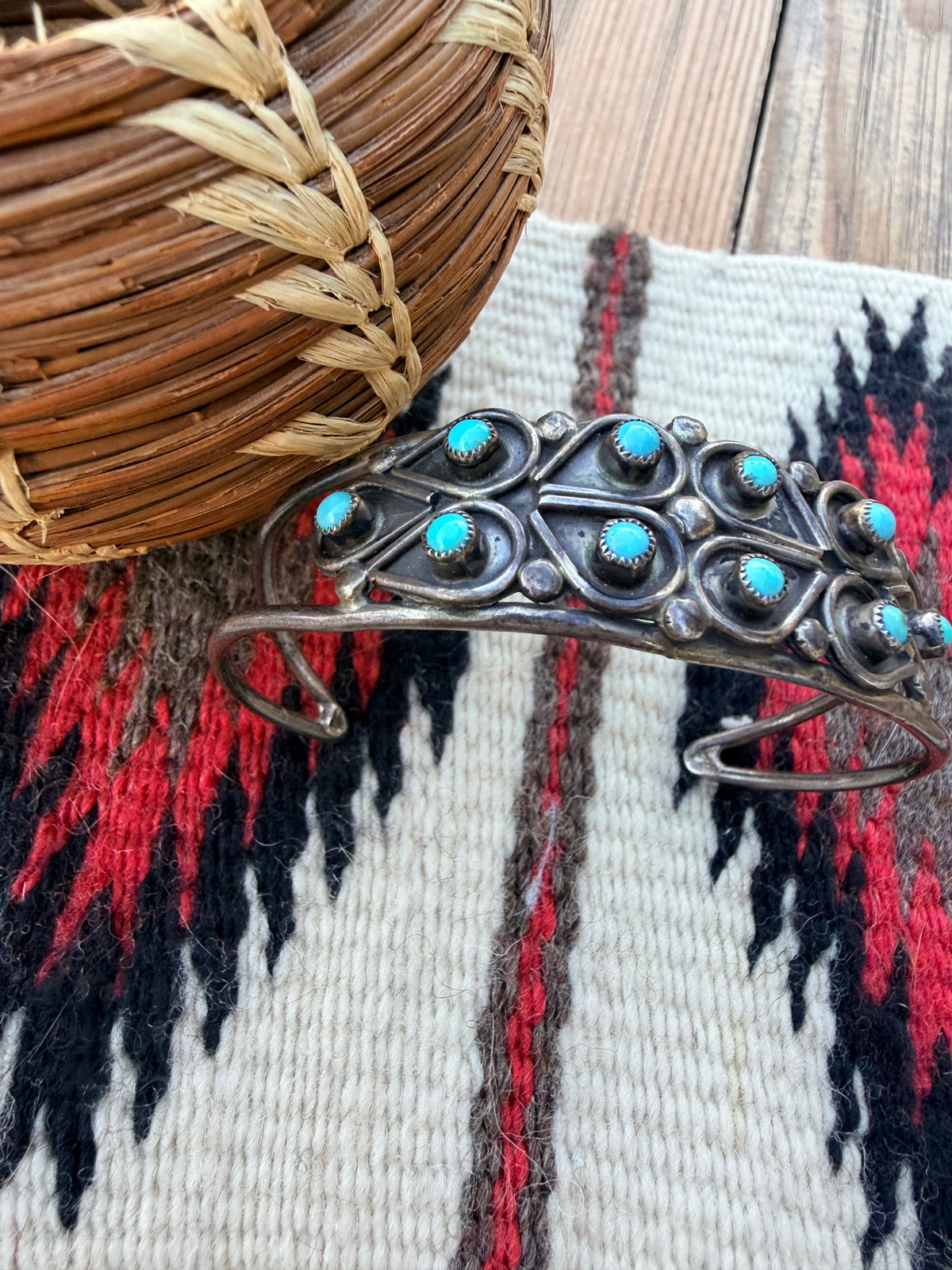 Handcrafted Old Pawn Sterling Silver & Turquoise Petit Point Cuff Bracelet