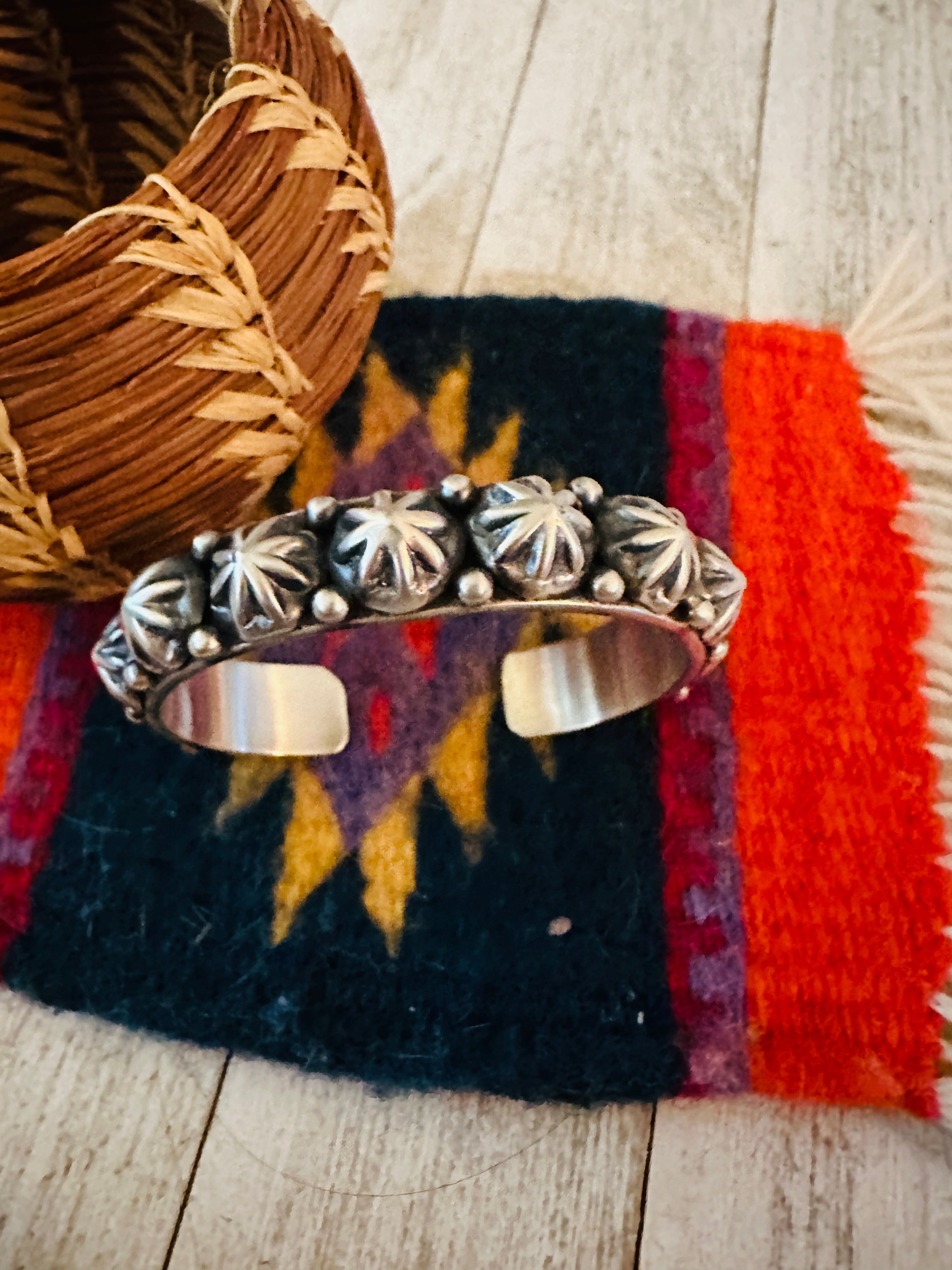 Navajo Hand Stamped Sterling Silver Studded Cuff Bracelet