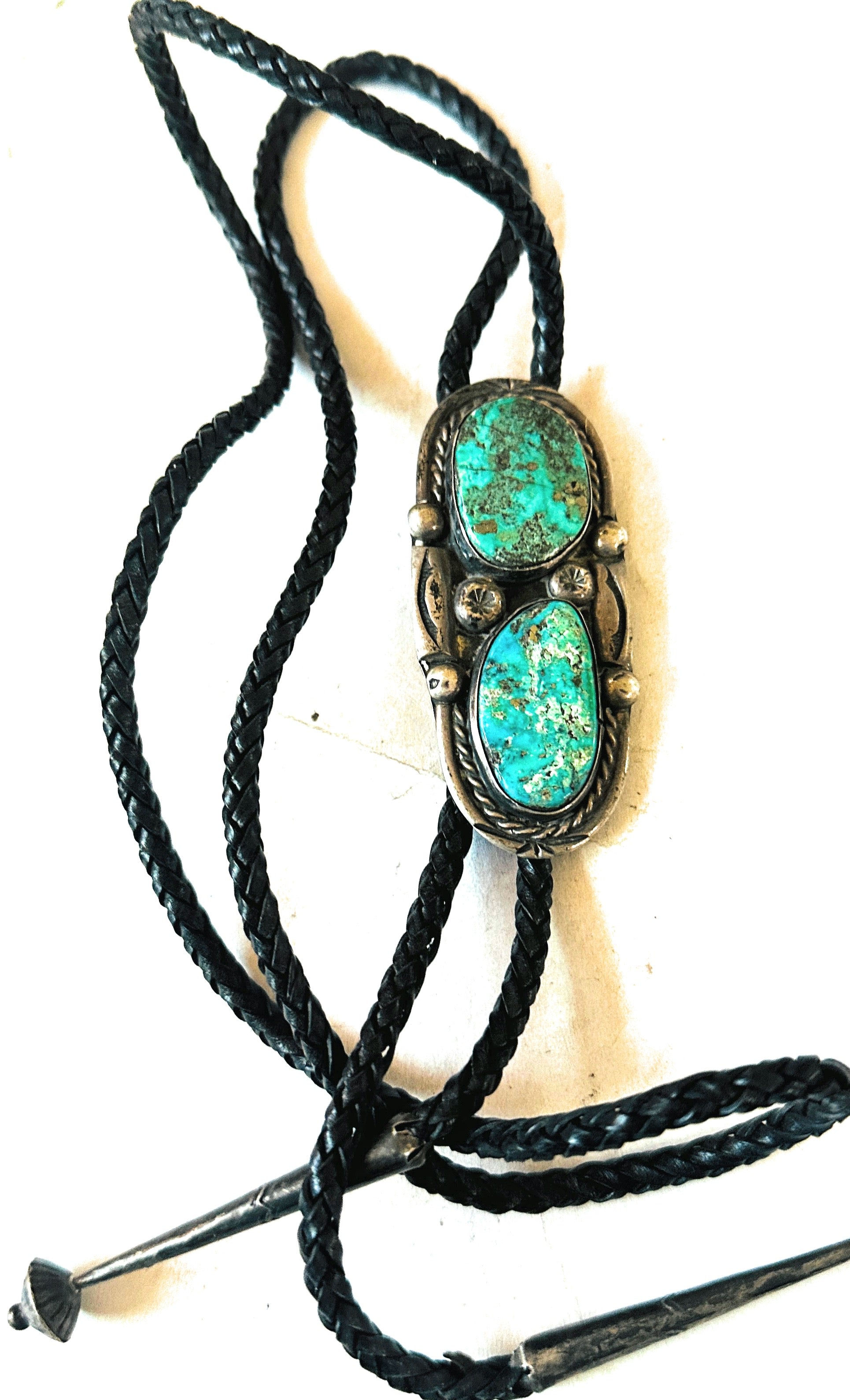 Vintage Old Pawn Navajo Sterling Silver & Turquoise Cluster Bolo Tie