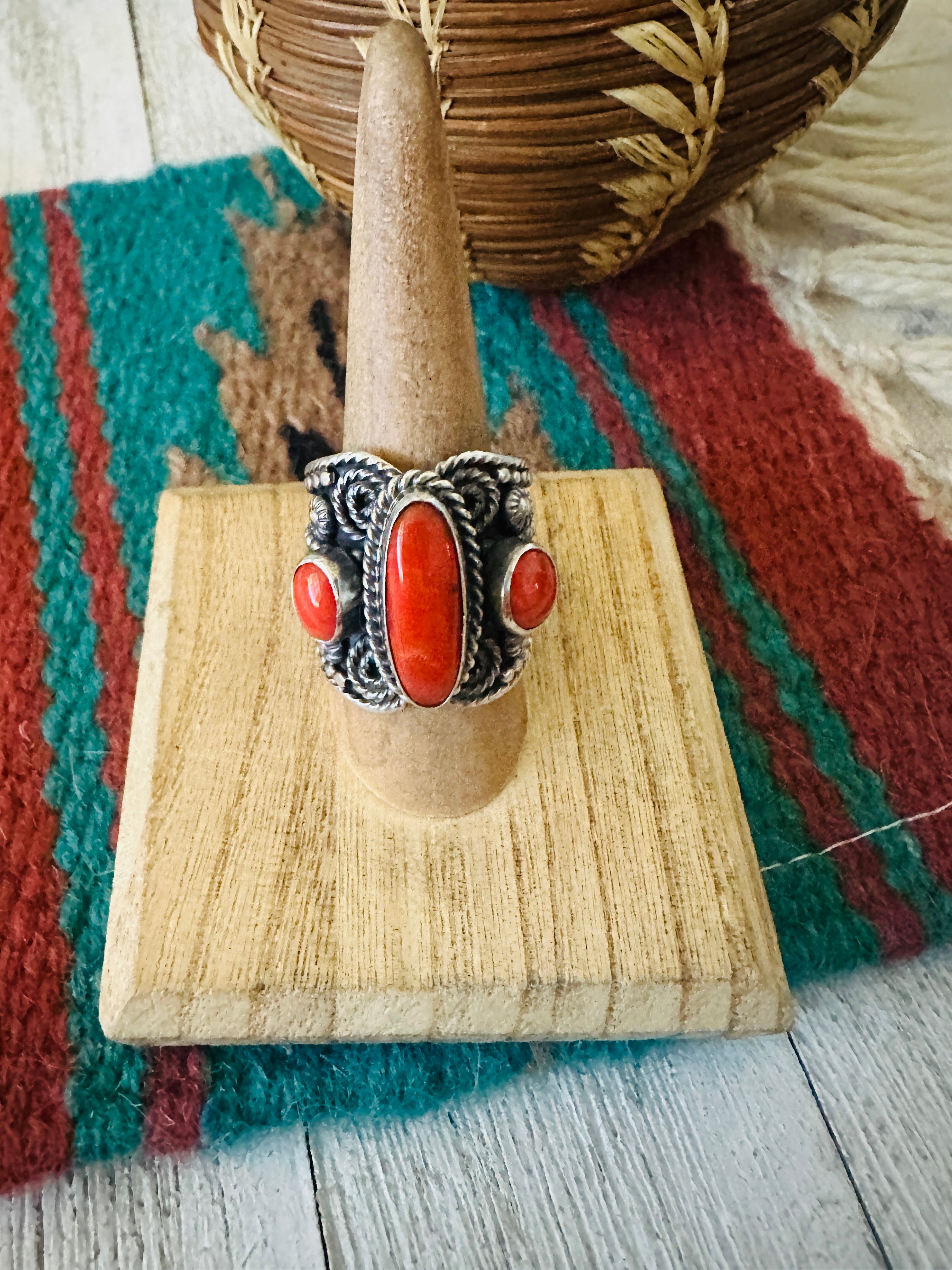 Navajo Sterling Silver and Coral Ring Size 8.25 by Hemerson Brown