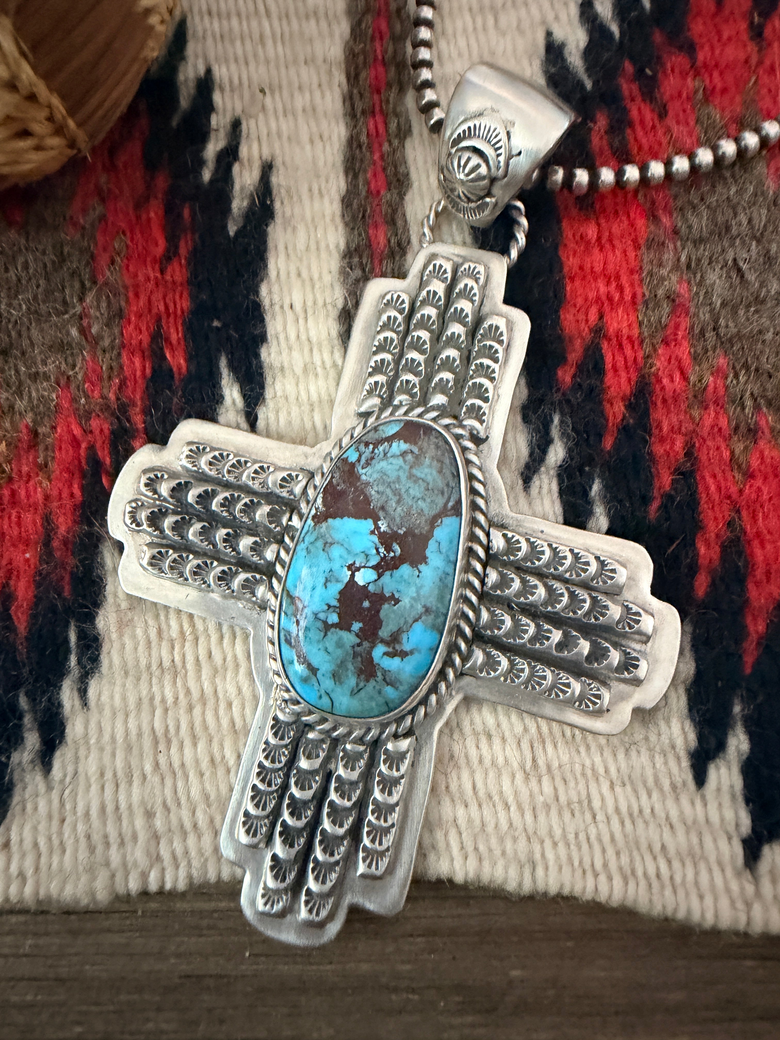Handcrafted Turquoise & Sterling Silver Cross Pendant by Larry Kaye