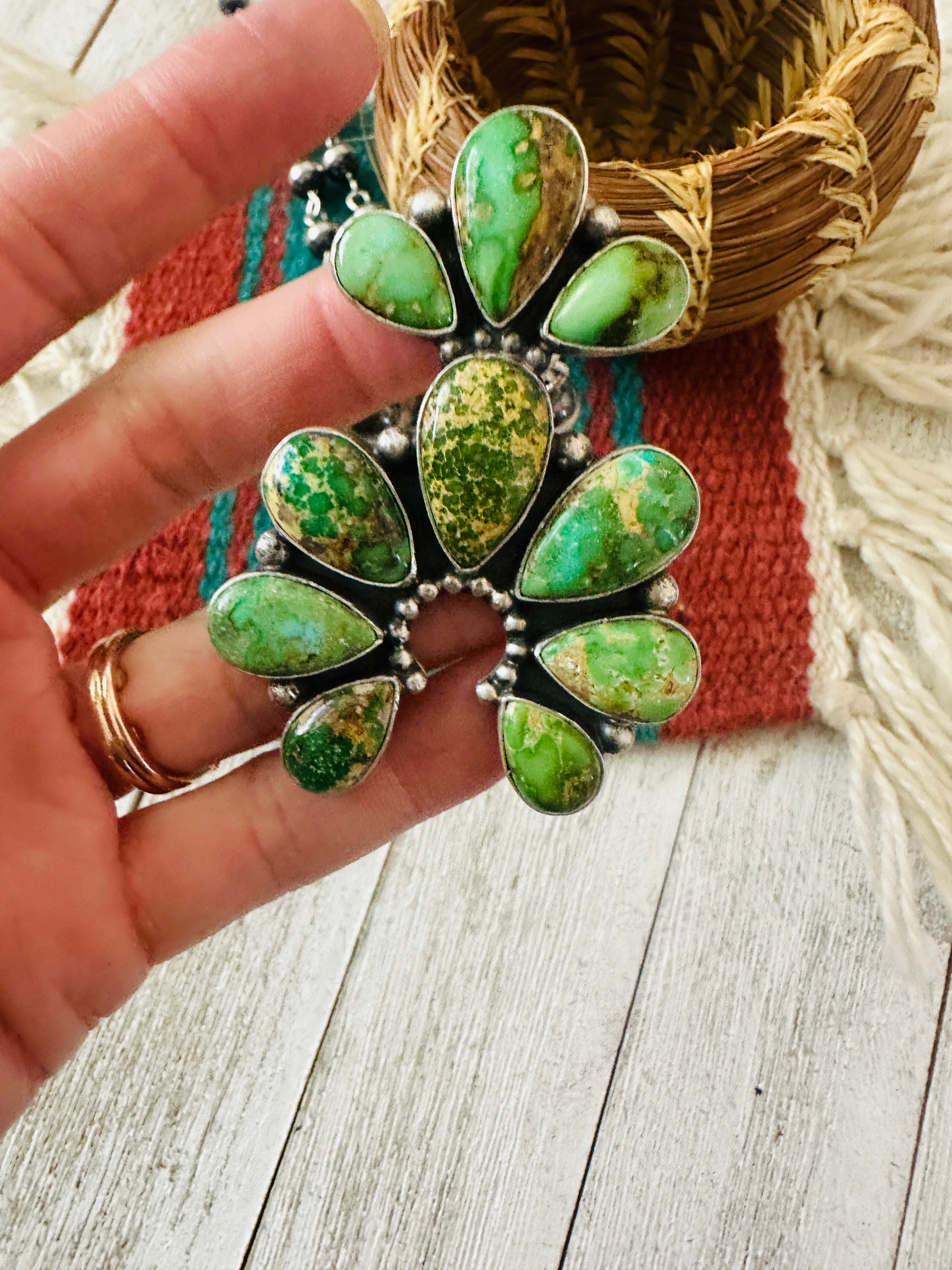 Handcrafted Sterling Silver & Sonoran Gold Turquoise Beaded Naja Necklace Signed