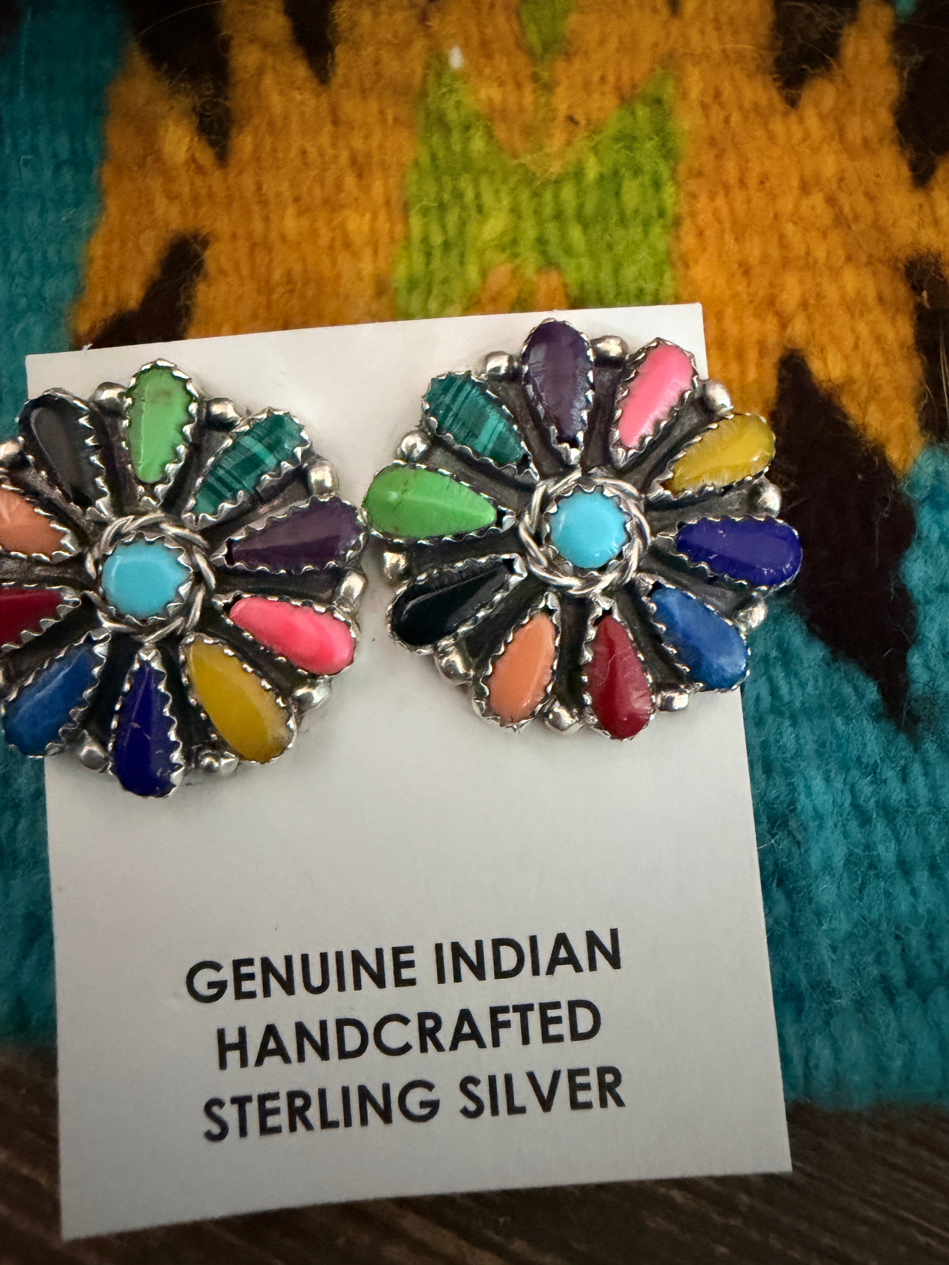 Handcrafted Multi Stone & Sterling Silver Cluster Post Earrings