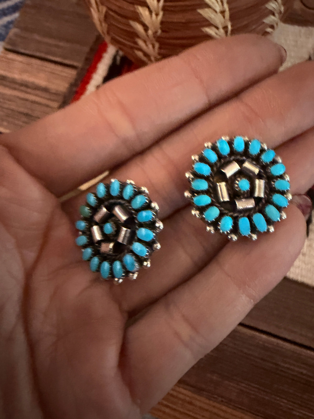 Handcrafted Turquoise & Sterling Silver Cluster Clip On Earrings