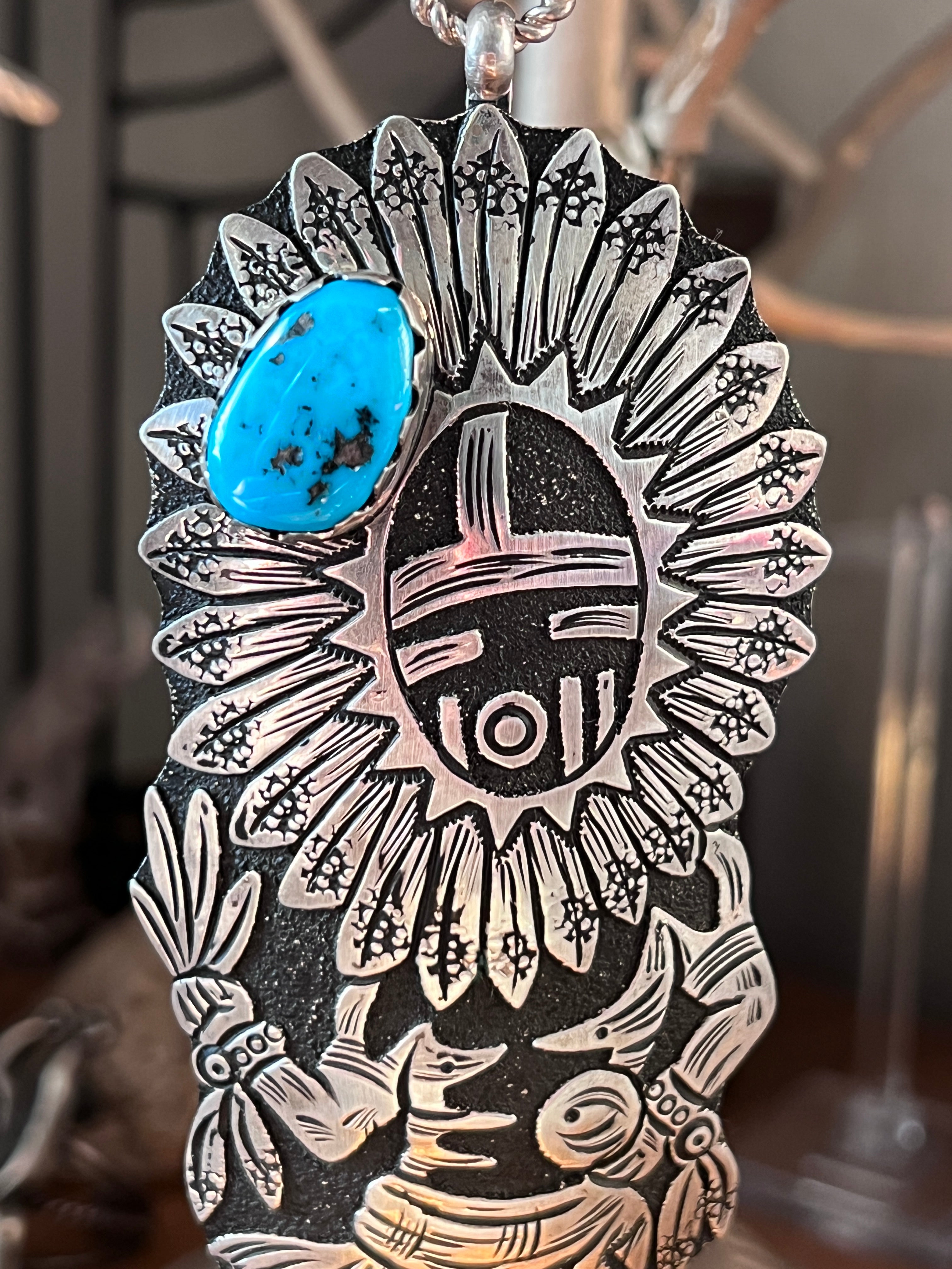 Richard Singer Sterling Silver Sun Dancer Kachina Pendant with Sleeping Beauty Turquoise