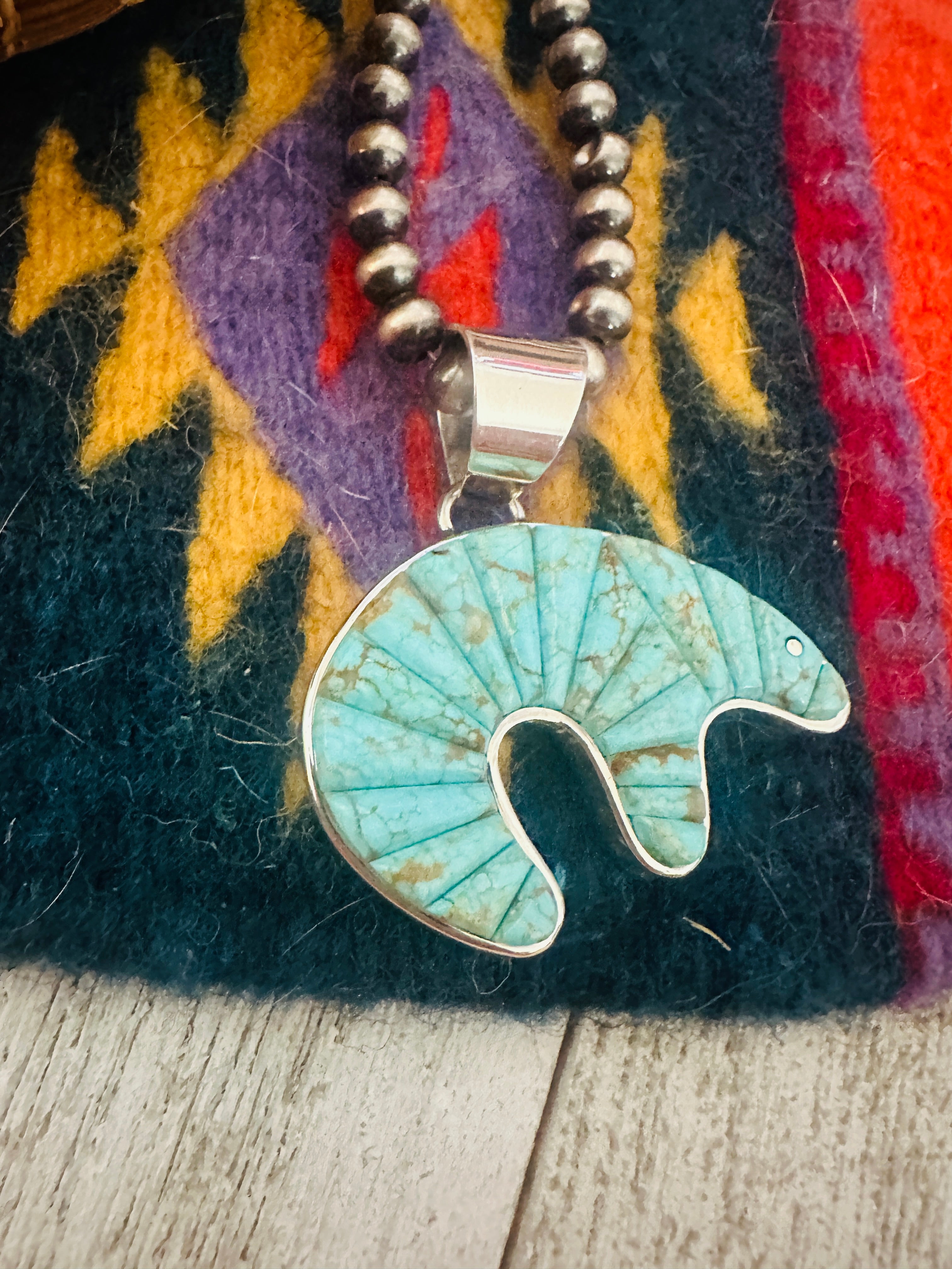 Navajo Turquoise & Sterling Silver Inlay Bear Pendant