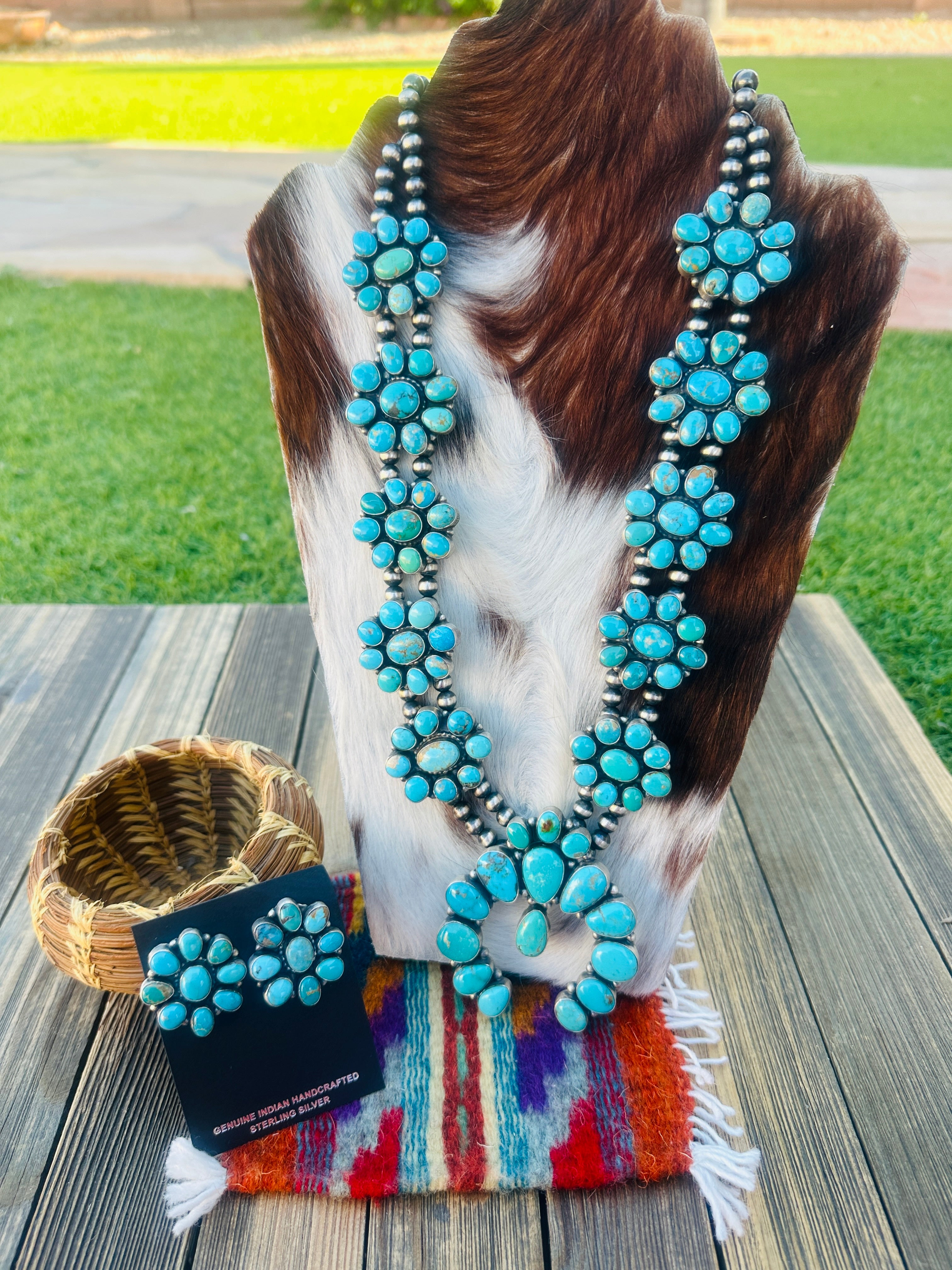Handcrafted Turquoise & Sterling Silver Squash Blossom Necklace and Earring Set by Blaine Yellowhorse