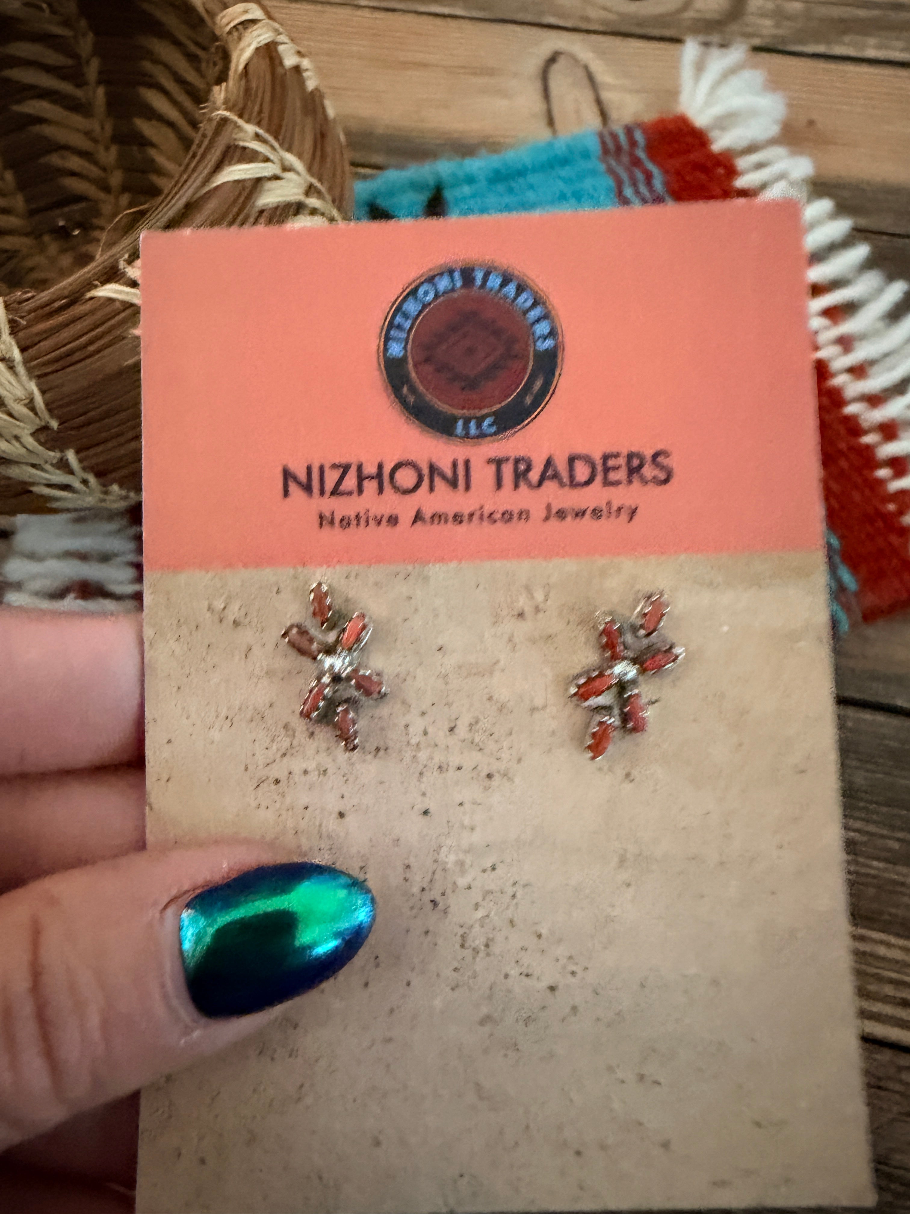 Handcrafted Sterling Silver & Coral Stud Earrings