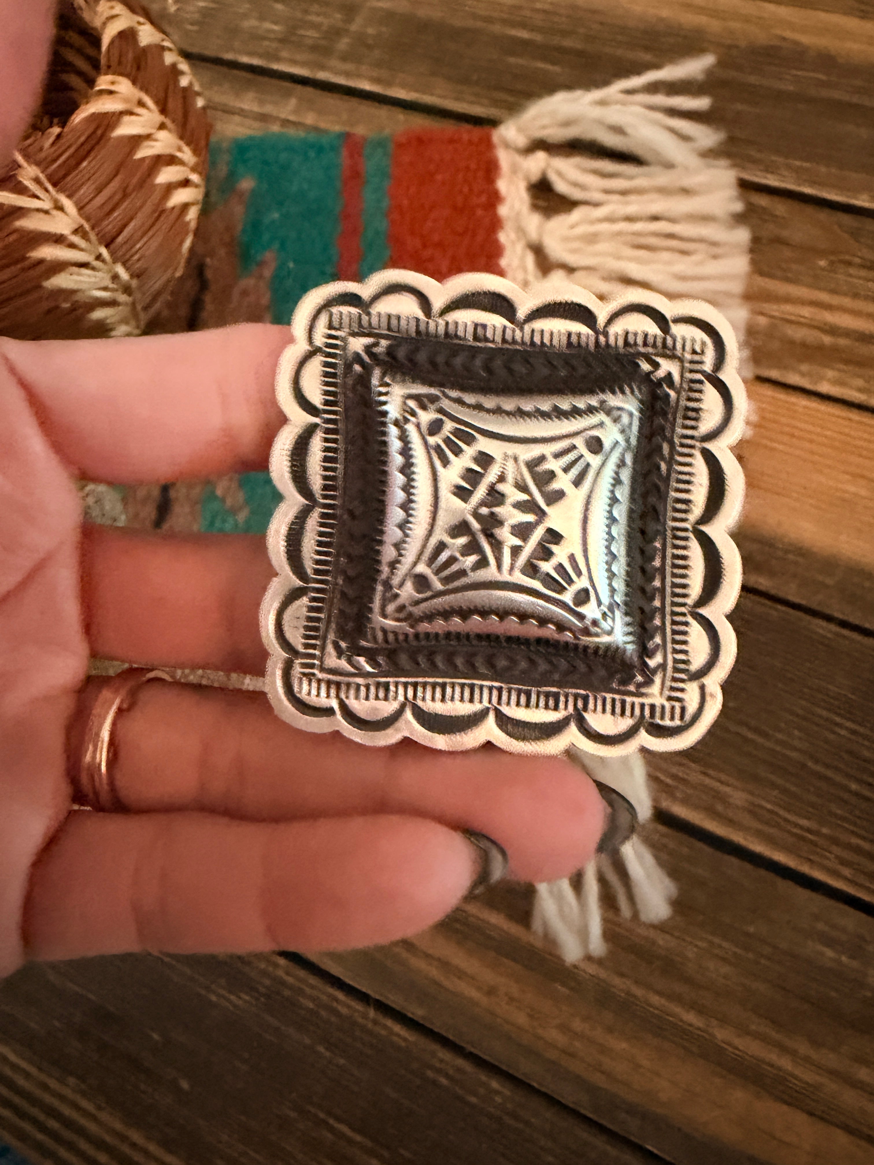 Handcrafted Sterling Silver Adjustable Concho Ring by Leander Tahe