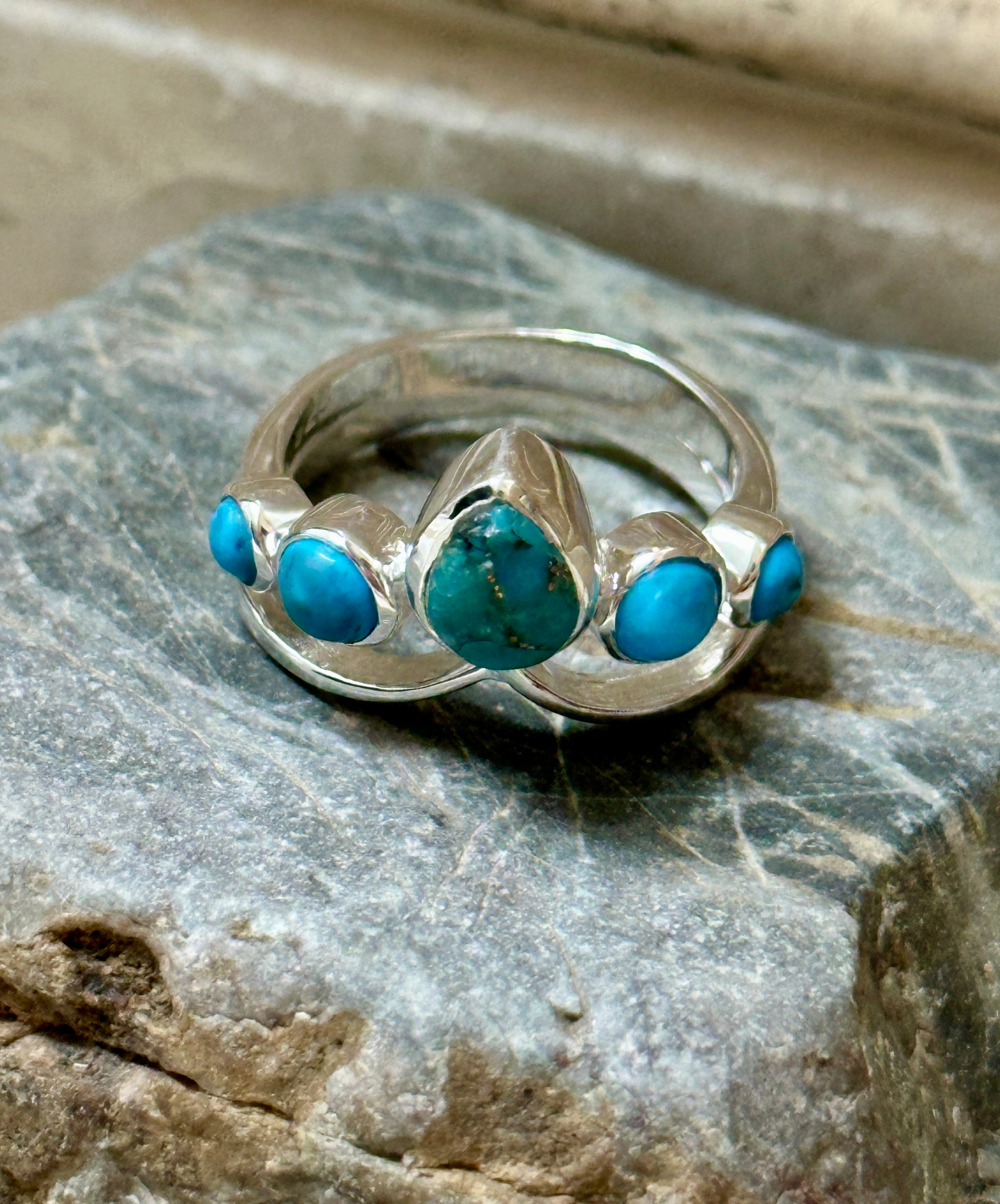 Four Stone Blue Copper Turquoise Sterling Silver Ring Size 6