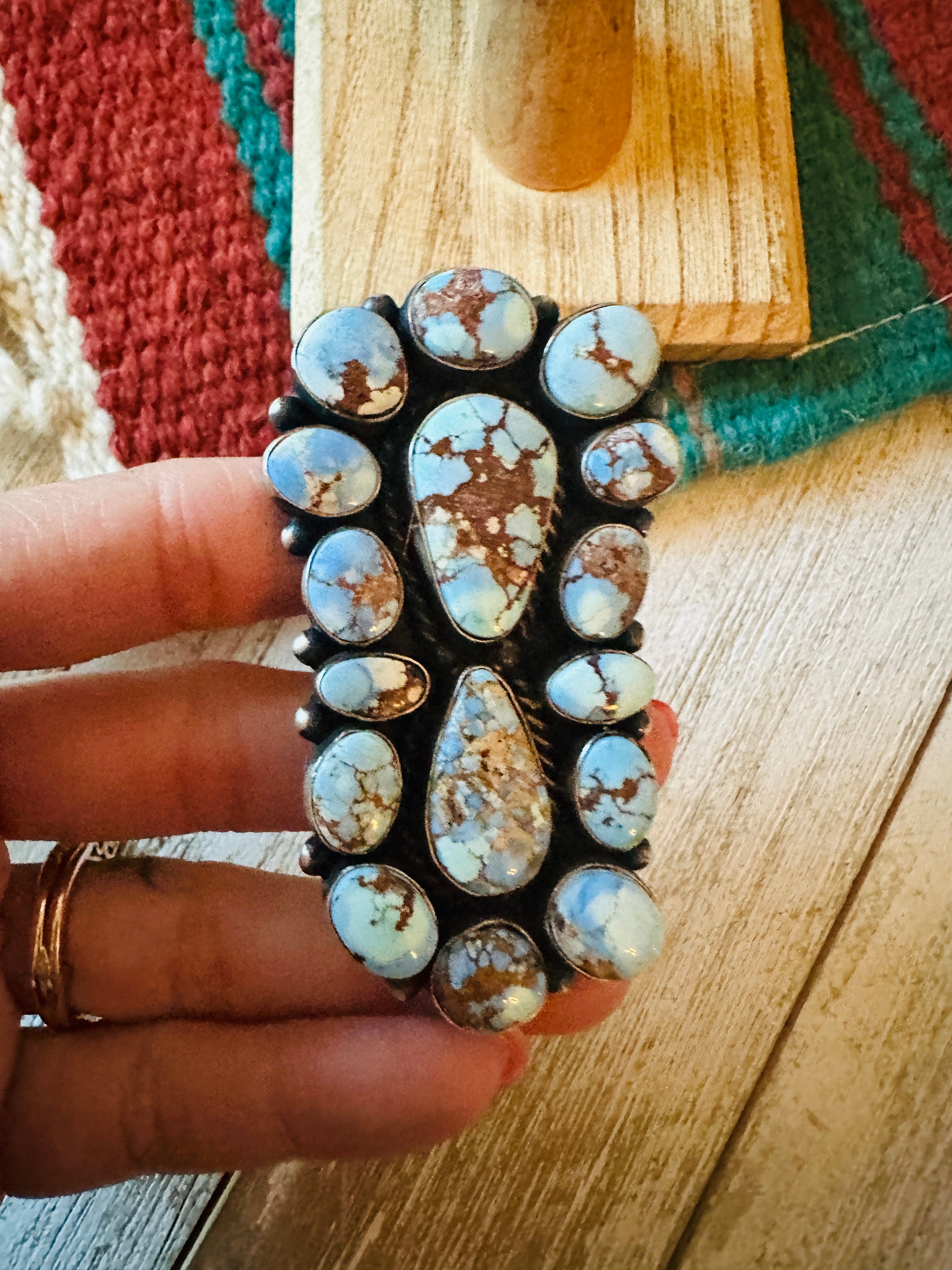 Navajo Golden Hills Turquoise & Sterling Silver Cluster Ring Size 9.5