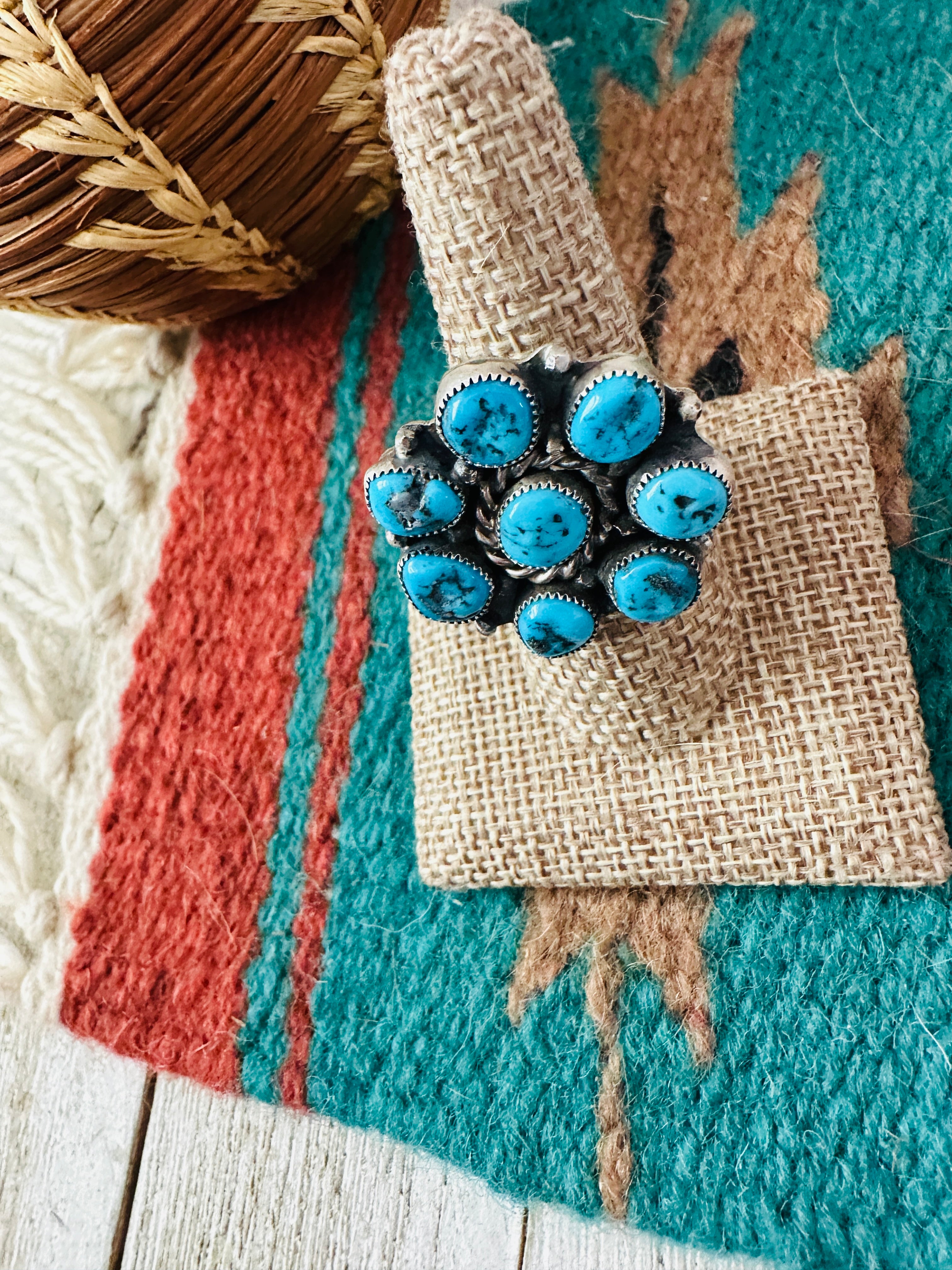 Handcrafted Turquoise & Sterling Silver Cluster Adjustable Ring
