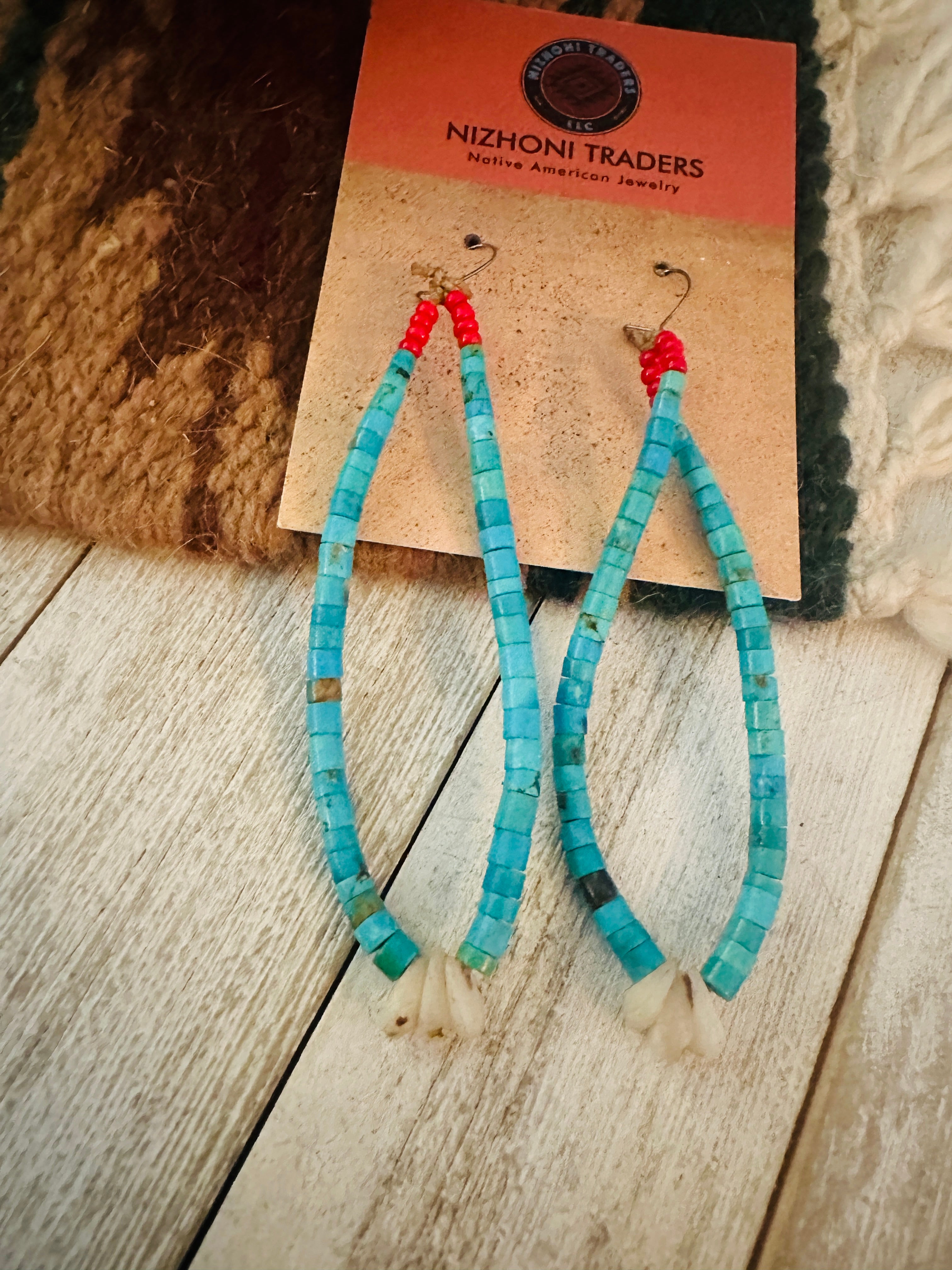 Vintage Old Pawn Handcrafted Turquoise & Coral Beaded Dangle Earrings