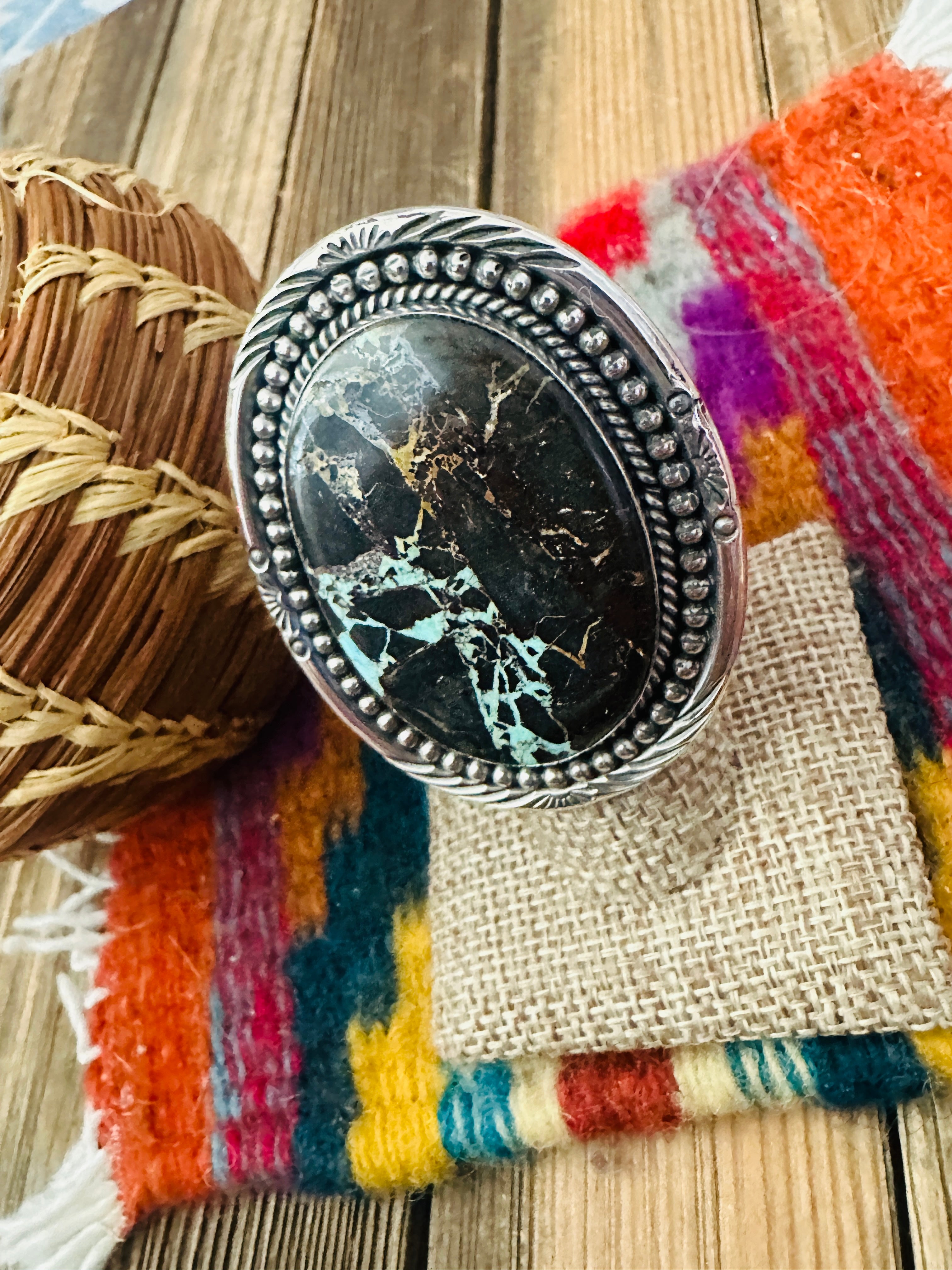 Handcrafted Blackjack Turquoise & Sterling Silver Adjustable Ring