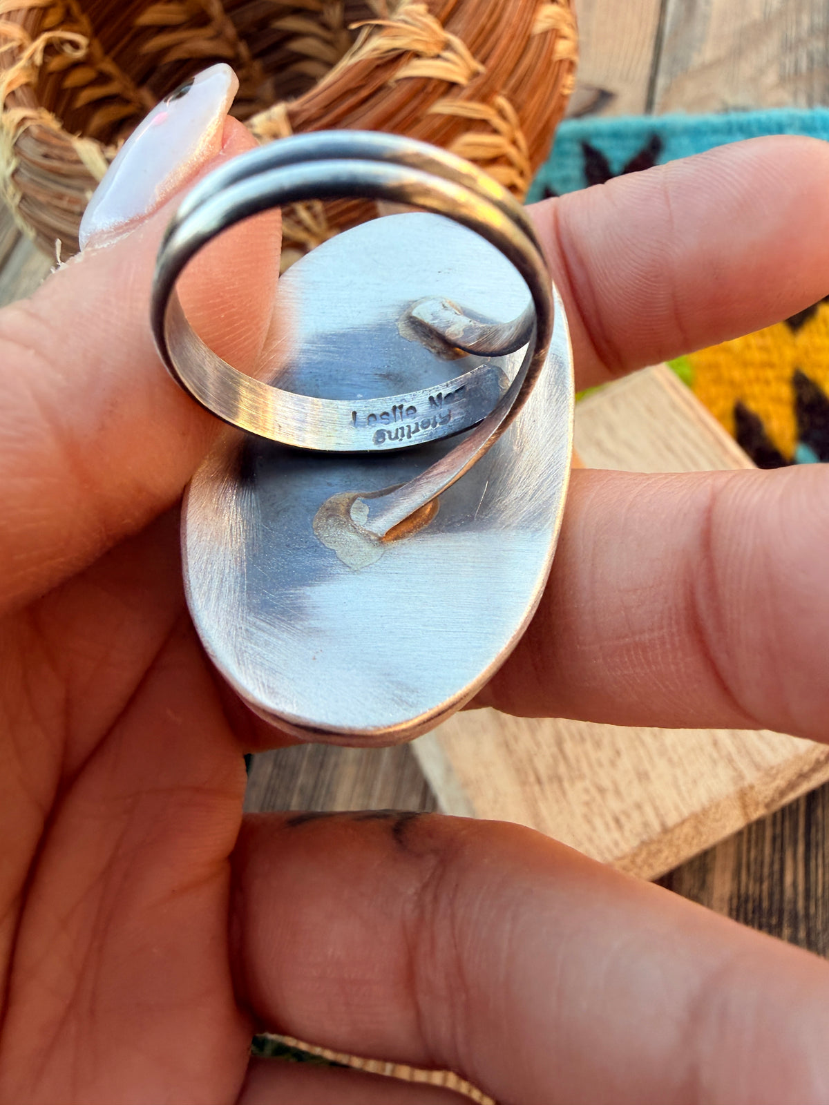 Handcrafted Number 8 Turquoise & Sterling Silver Adjustable Ring by Leslie Nez
