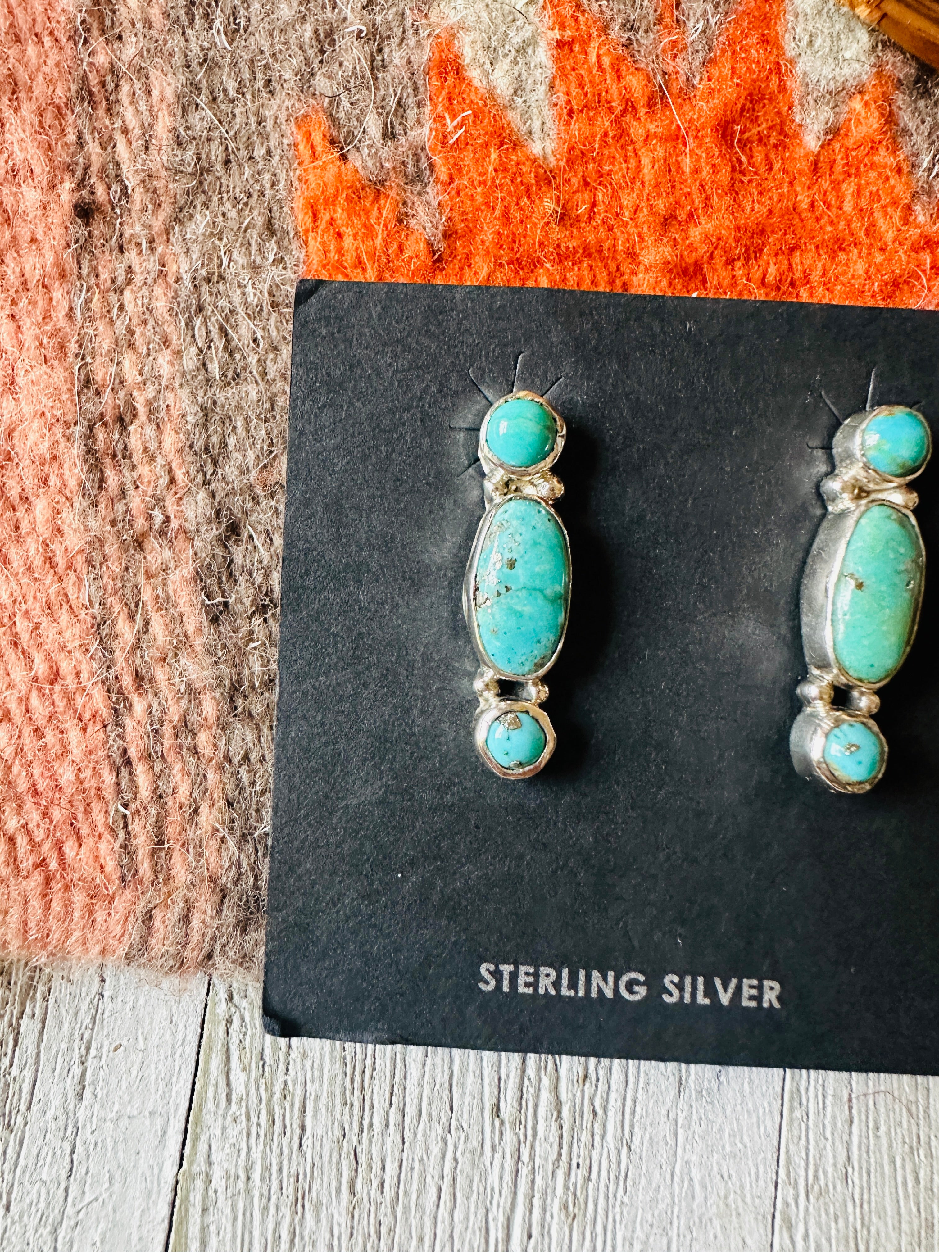 Navajo 3-Stone Turquoise And Sterling Silver Dangle Earrings