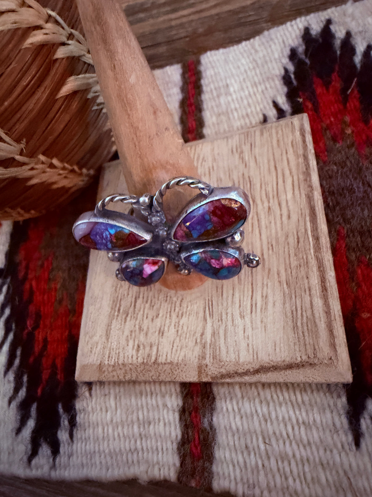 Handcrafted Pink Dream Mojave & Sterling Silver Adjustable Butterfly Ring