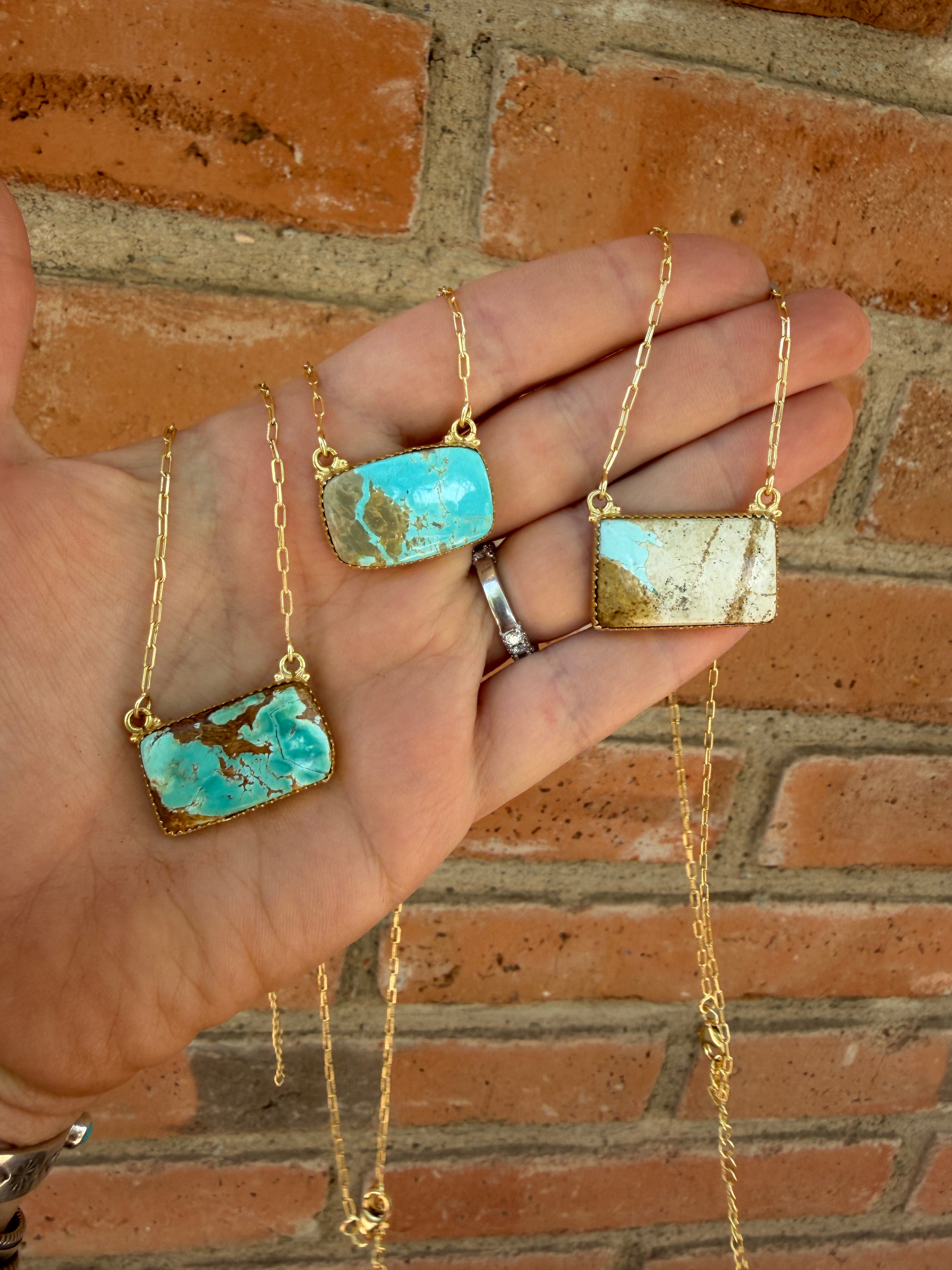 “The Golden Collection” Handmade Sterling Silver Gold Over Silver Ribbon Royston Turquoise Bar Necklace Signed Nizhoni