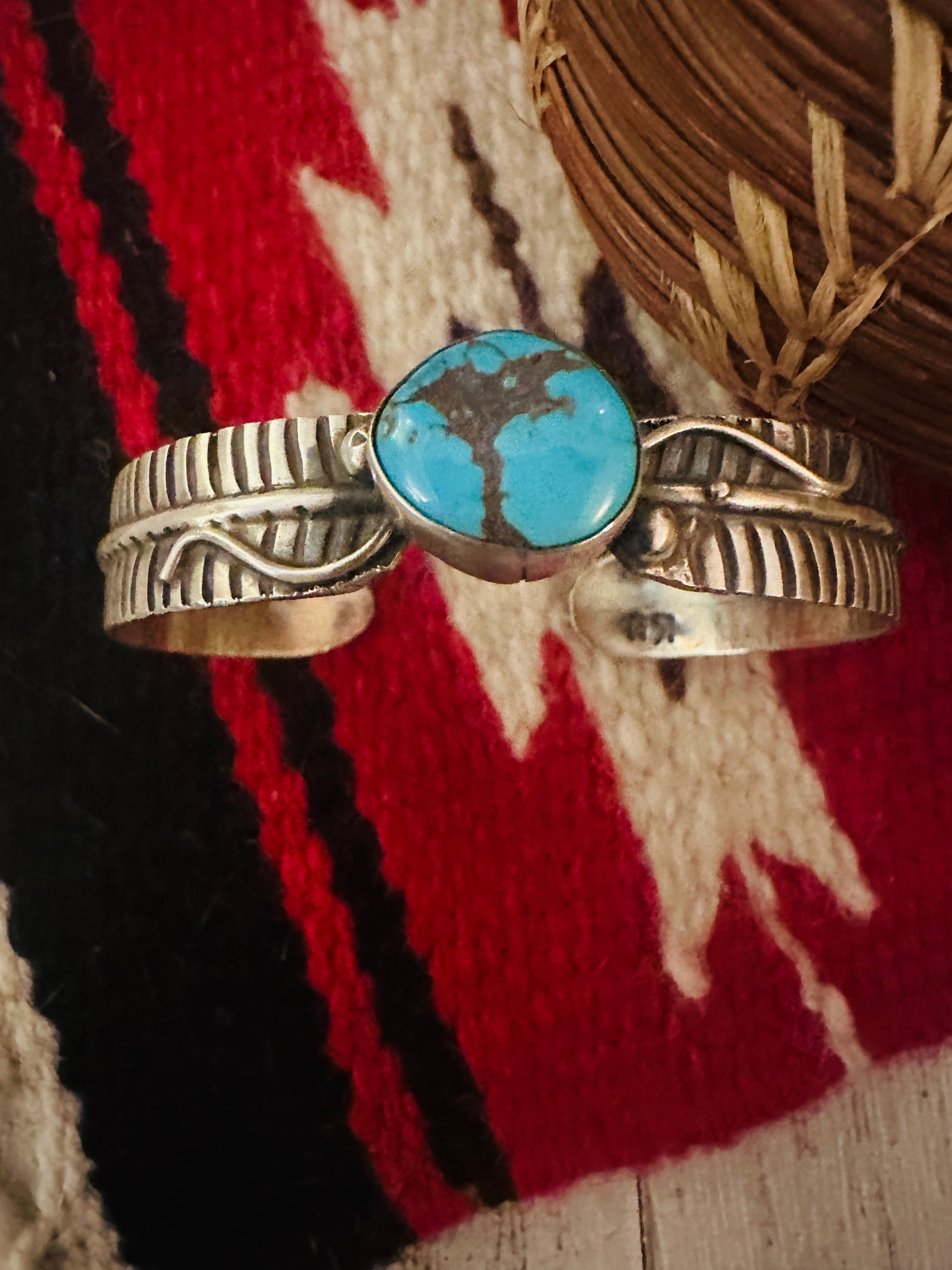 Navajo Turquoise & Sterling Silver Feather Cuff Bracelet