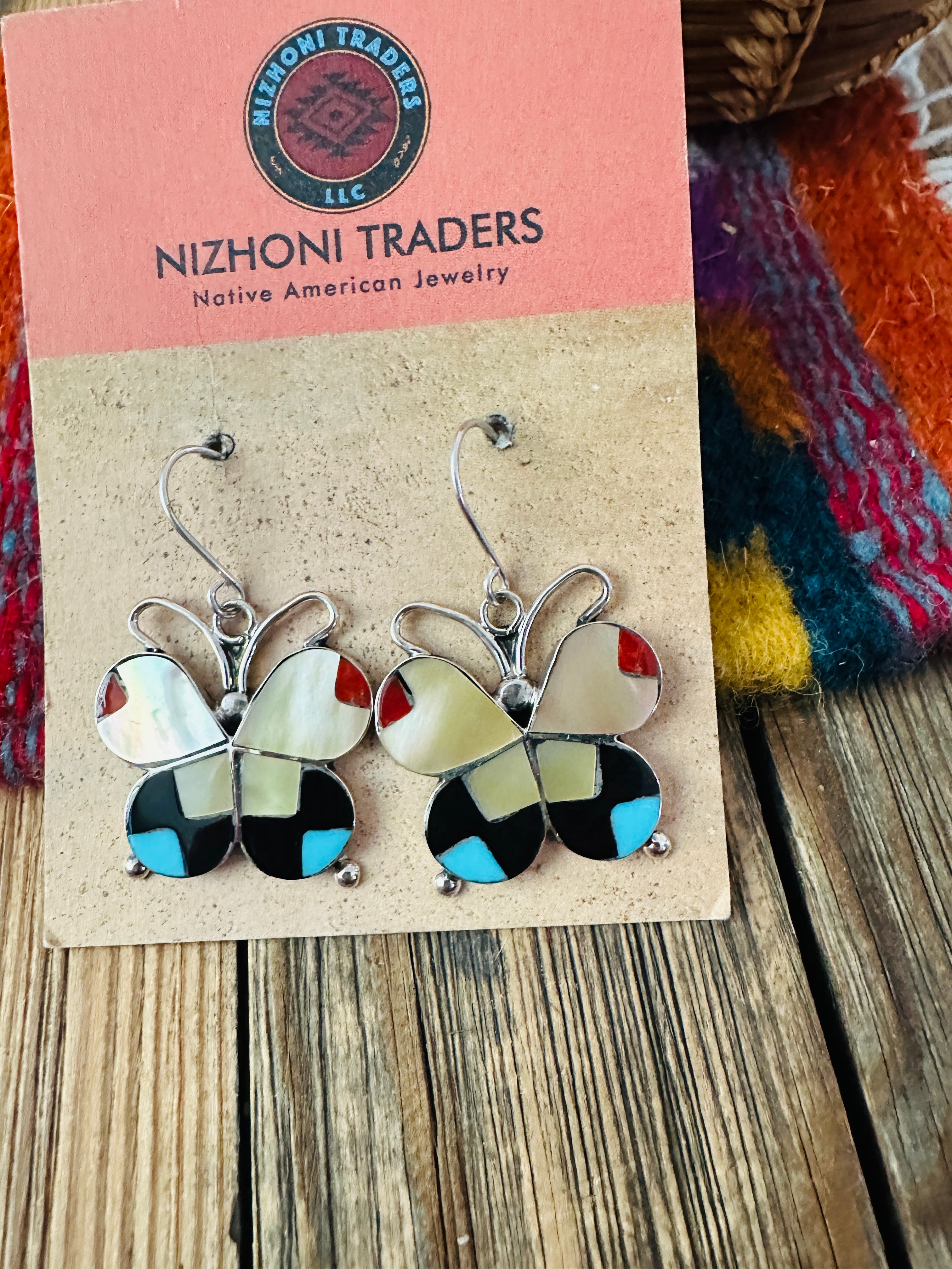 Handcrafted Multi Stone & Sterling Silver Inlay Butterfly Dangle Earrings