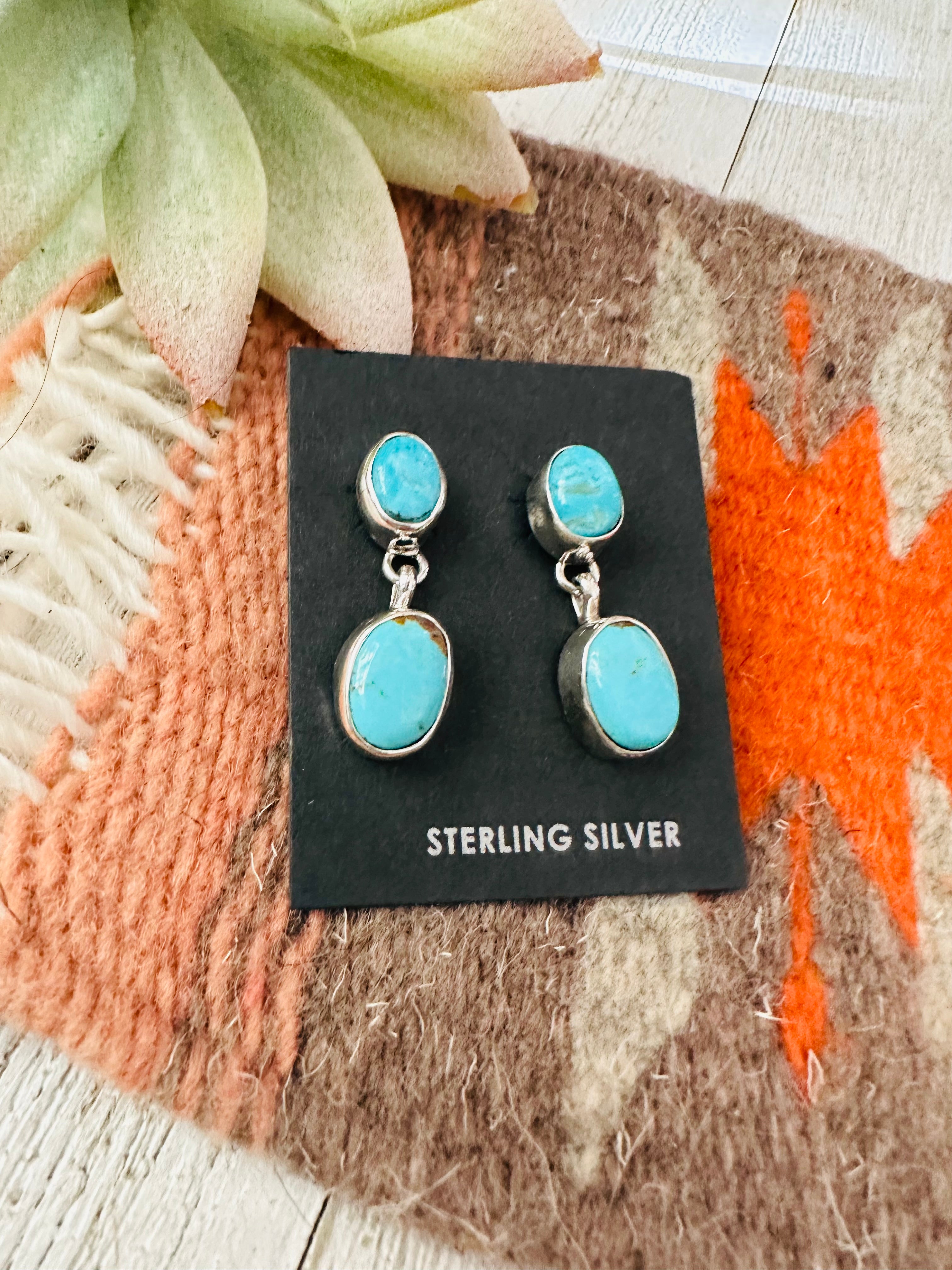 Navajo Turquoise and Sterling Silver Two Stone  Dangle Earrings