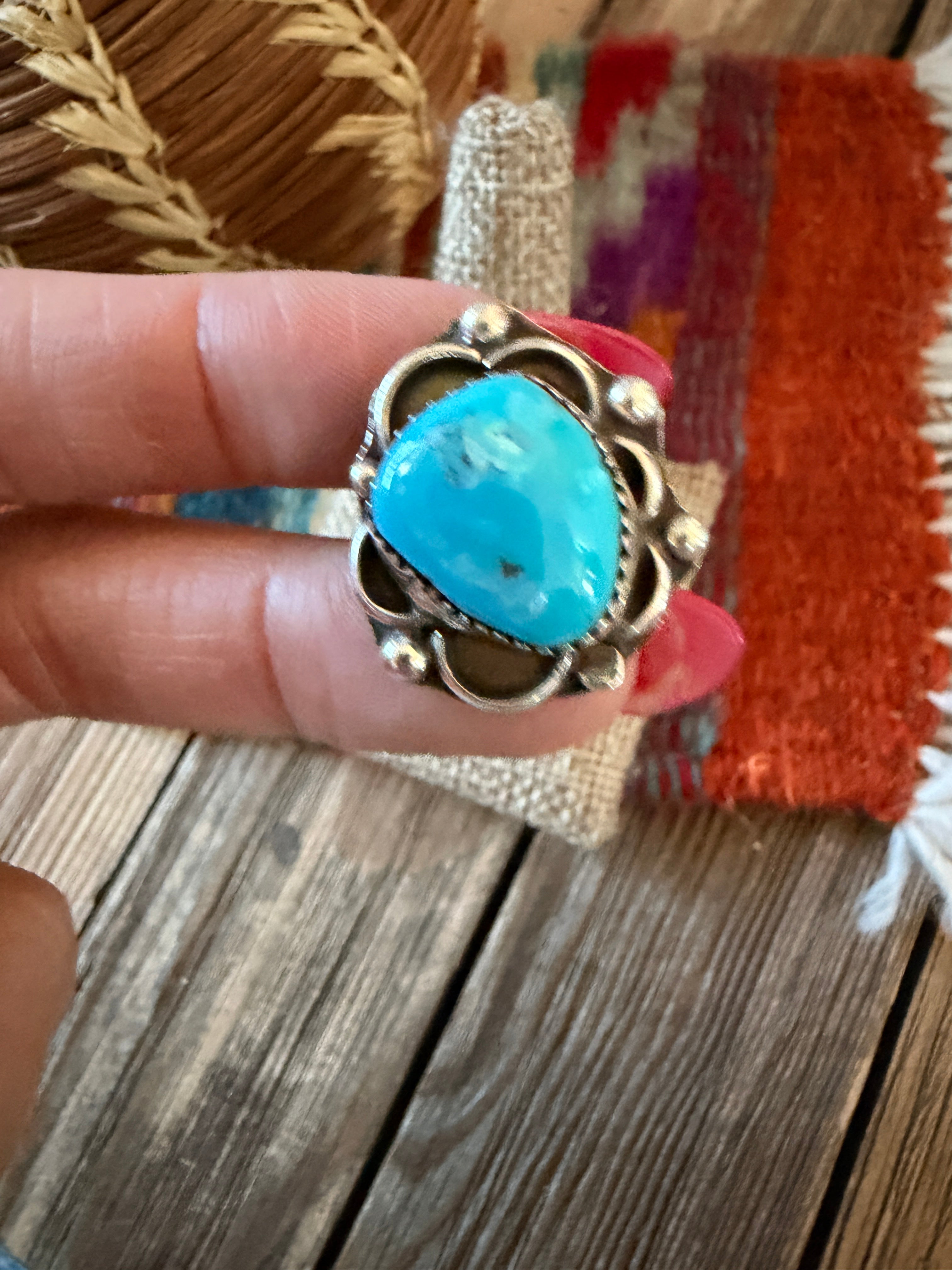 Old Pawn Handcrafted Turquoise & Sterling Silver Ring Size 7