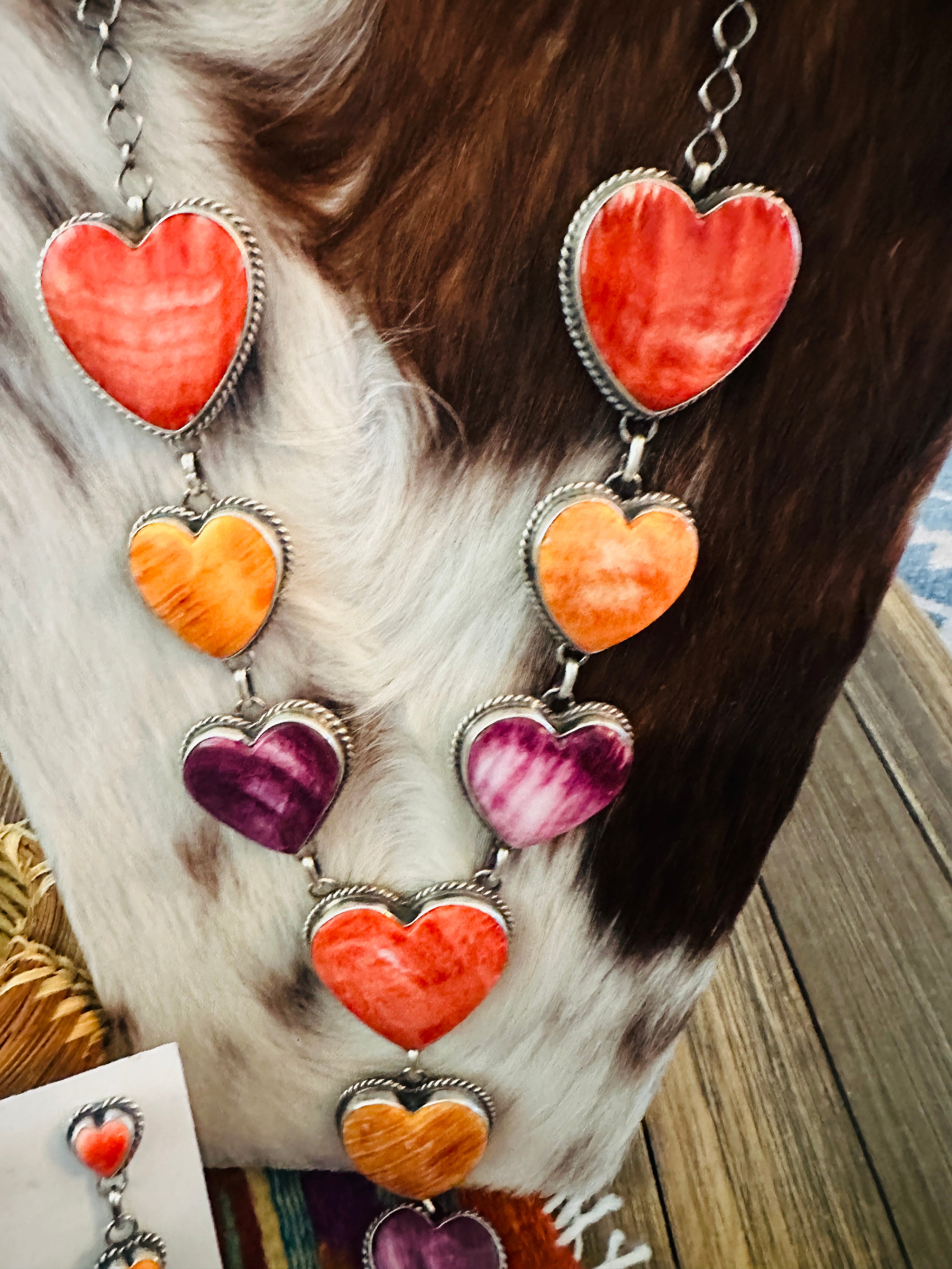 Handcrafted Spiny Oyster & Sterling Silver Heart Necklace and Earring Set by Debra Smith