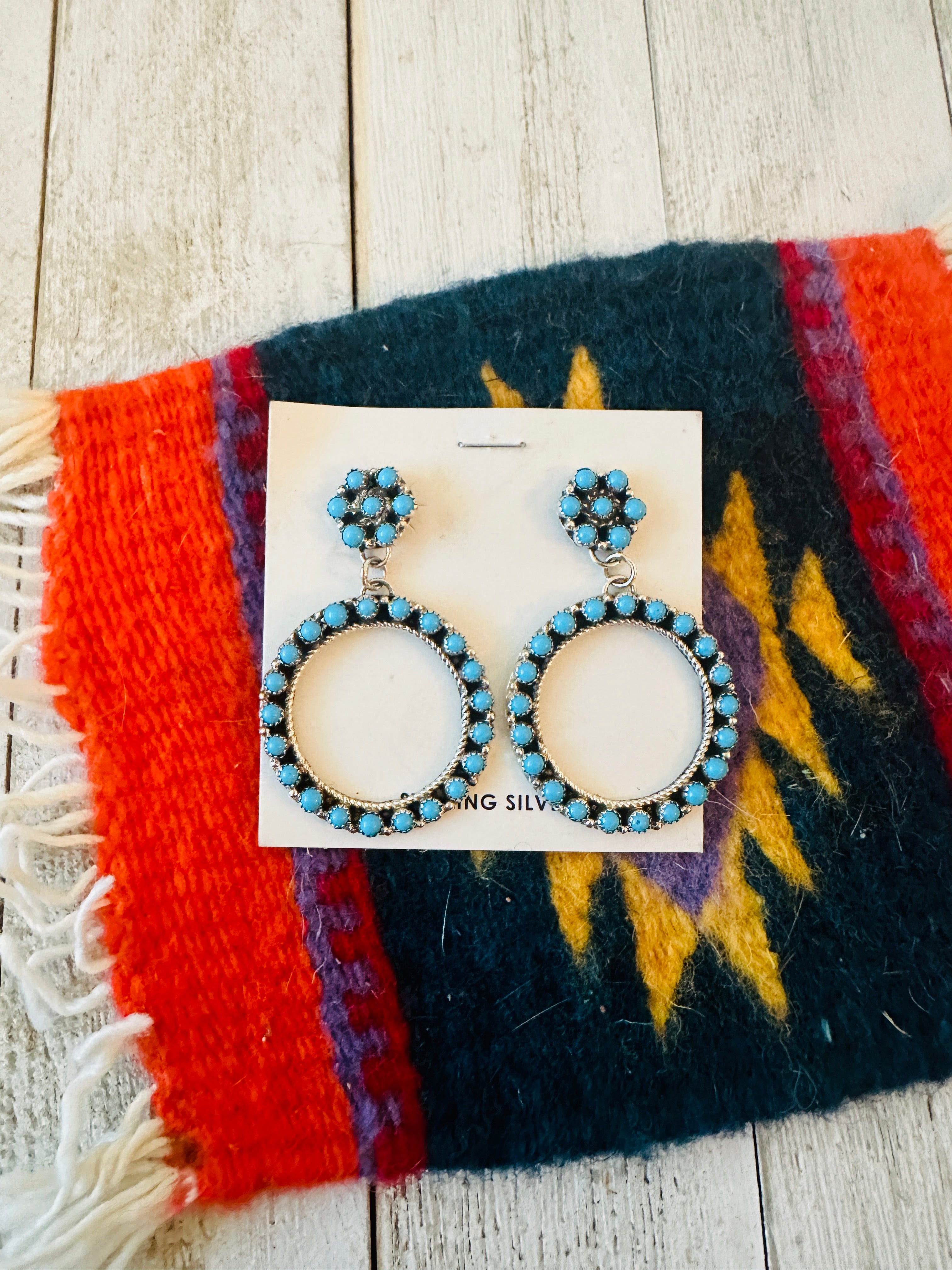 Zuni Sterling Silver & Turquoise Petit Point Circle Dangle Earrings