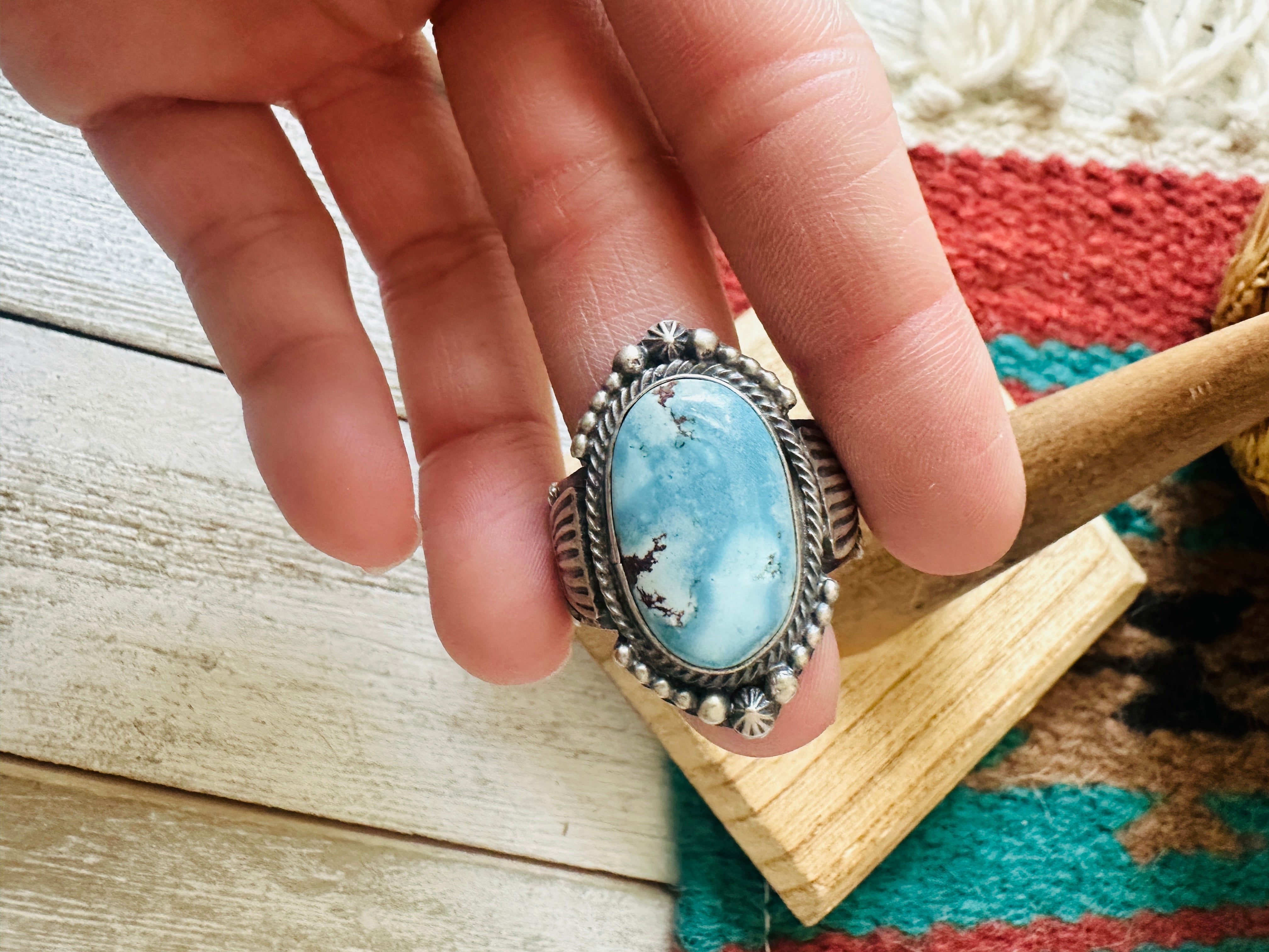 Navajo Golden Hills Turquoise & Sterling Silver Ring Size 10