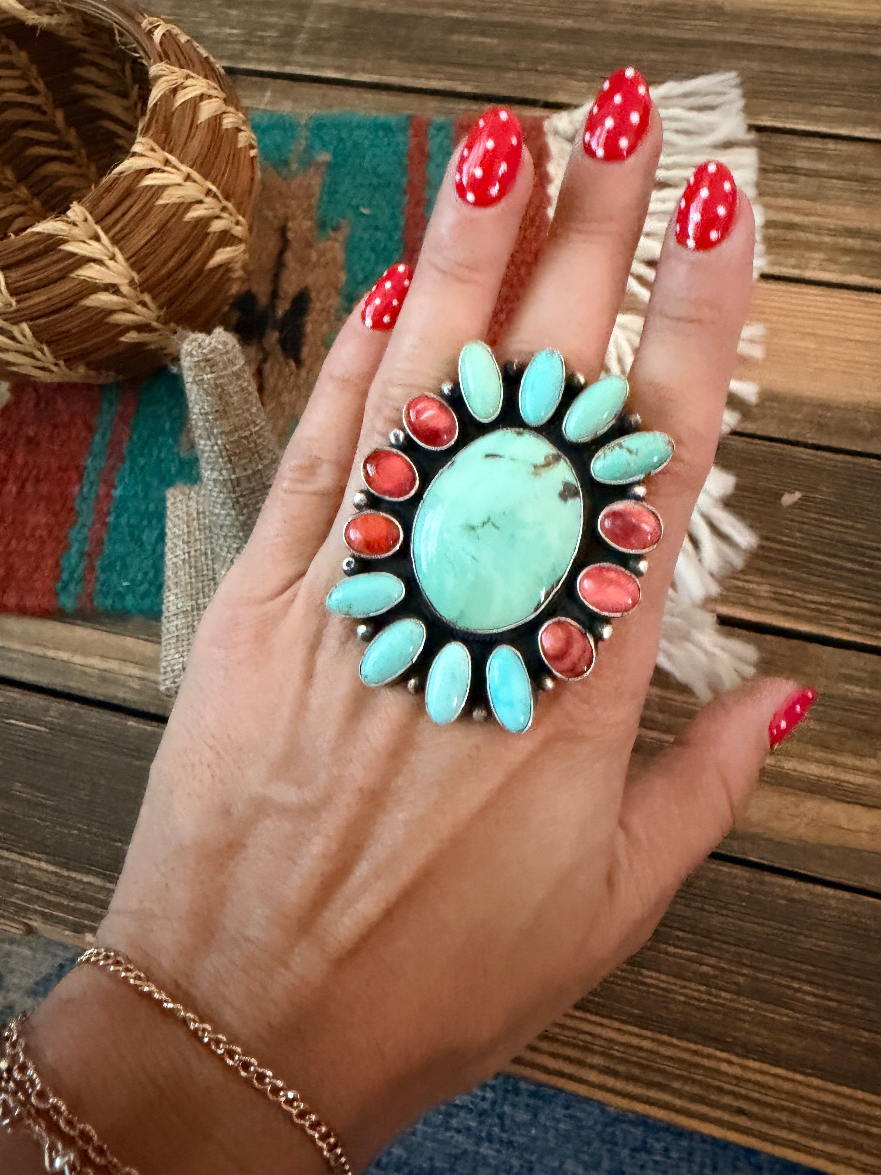 Handcrafted Spiny Oyster, Turquoise & Sterling Silver Cluster Ring by Sheila Becenti Size 11
